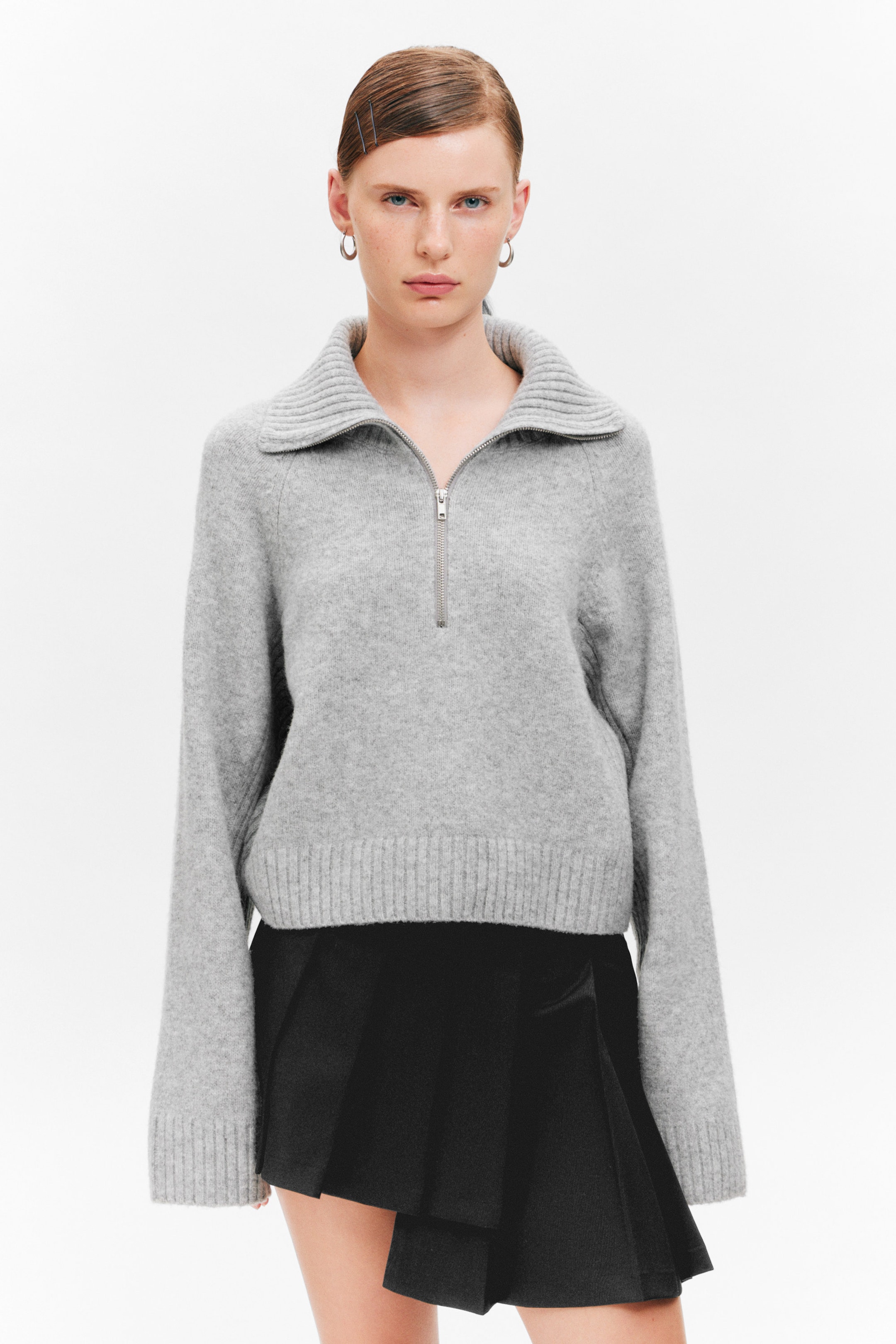 Dusty Light Grey Melange - Short Half-Zip Knitted Sweater - 1
