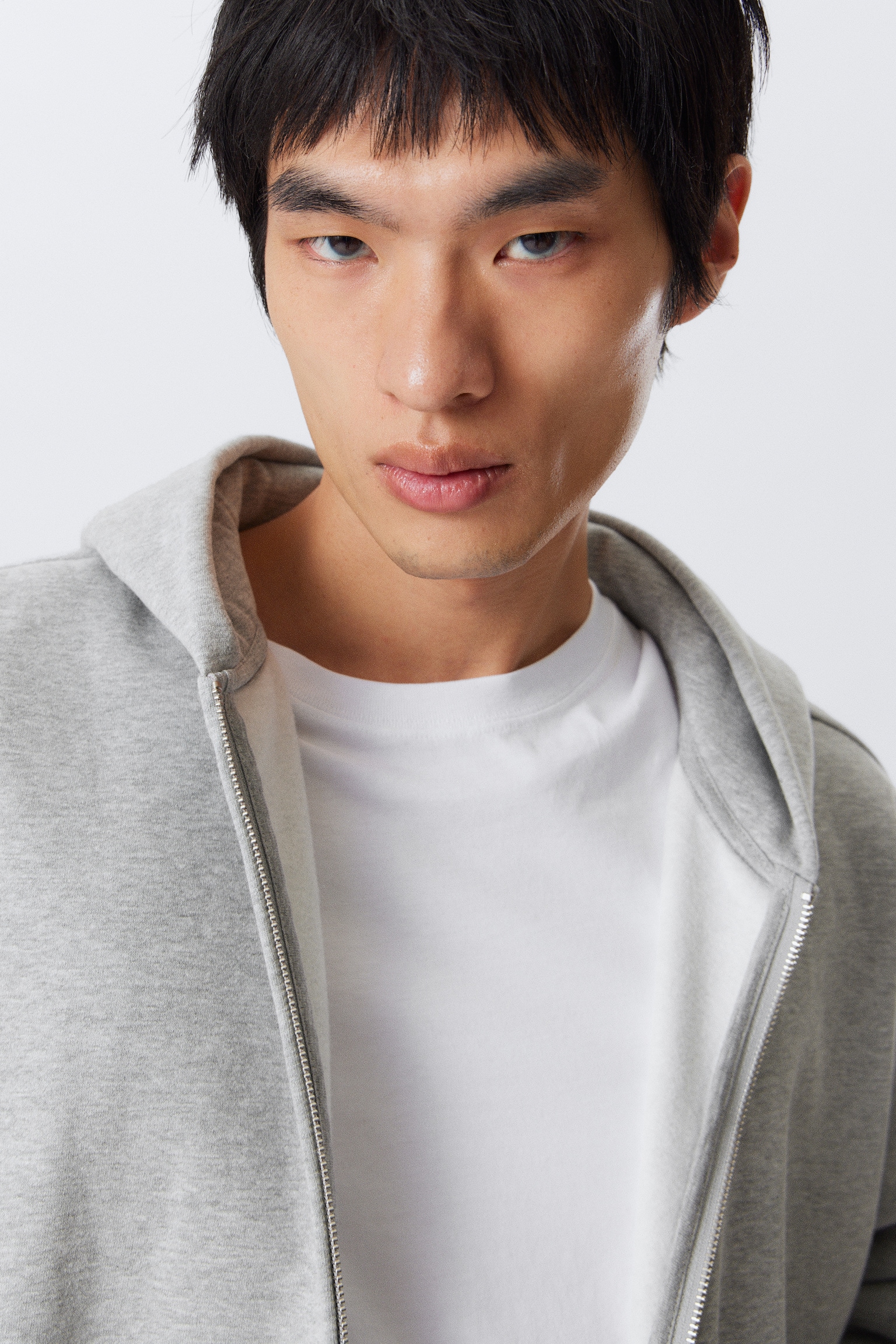 Loose Fit Zip Hoodie - Grey Melange/Dark Brown/Black - 3