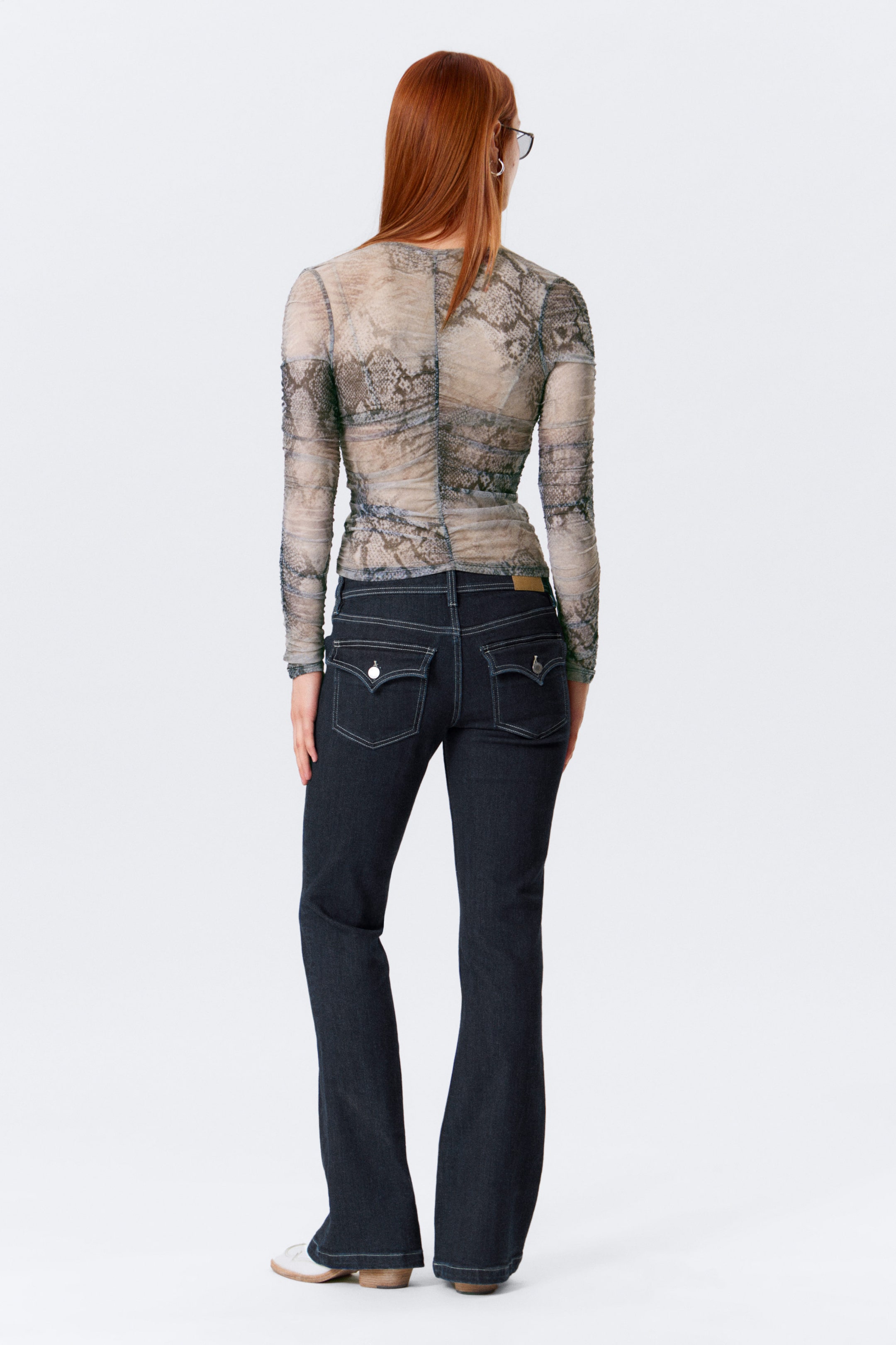 Beige/Grey - Snakeskin Print - Slim Gathered Long-Sleeved Mesh Cardigan - 2