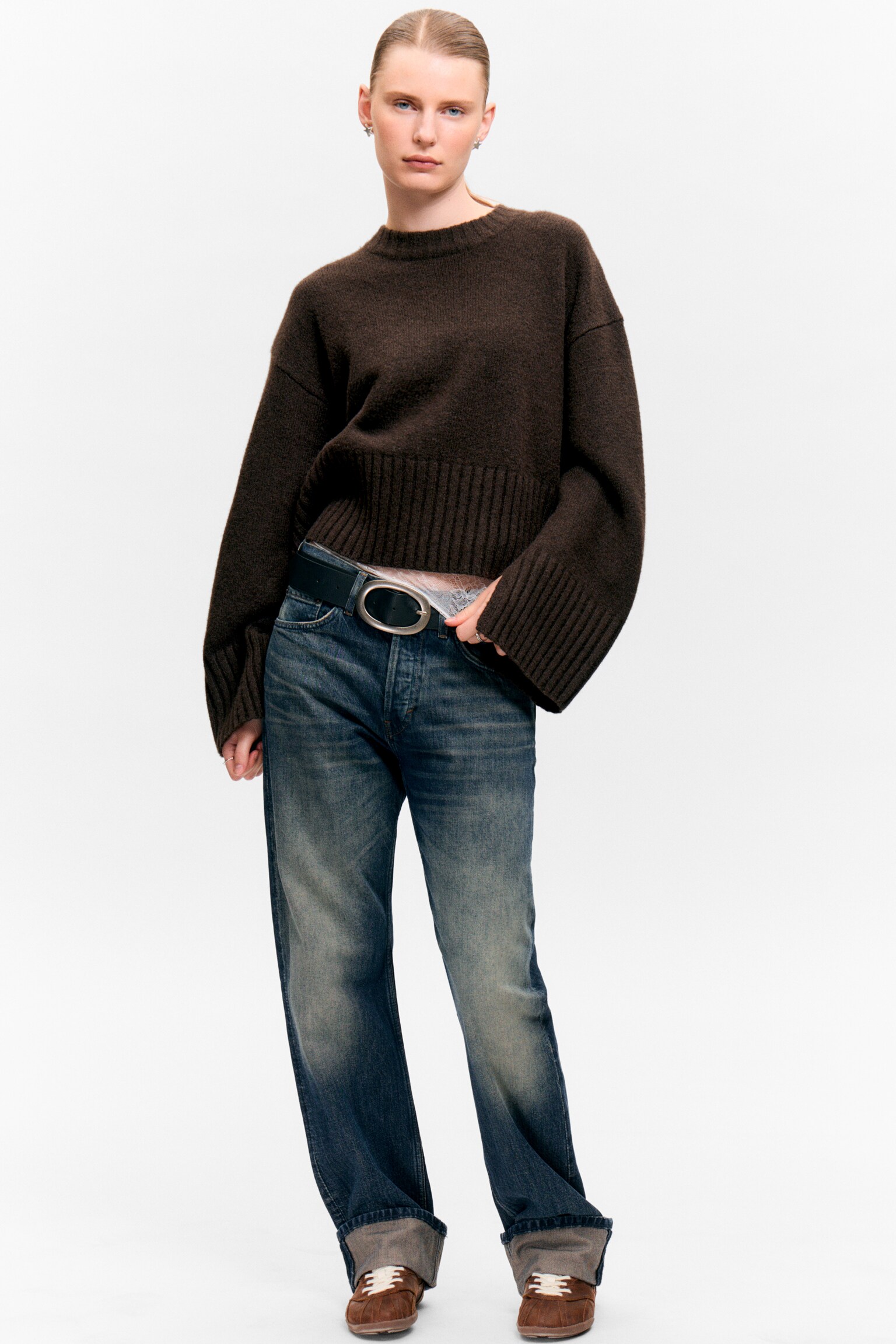 Gestrickter Oversize-Pullover - Dunkelbraun/Helles Altrosa/Staubiges Weiß - 1