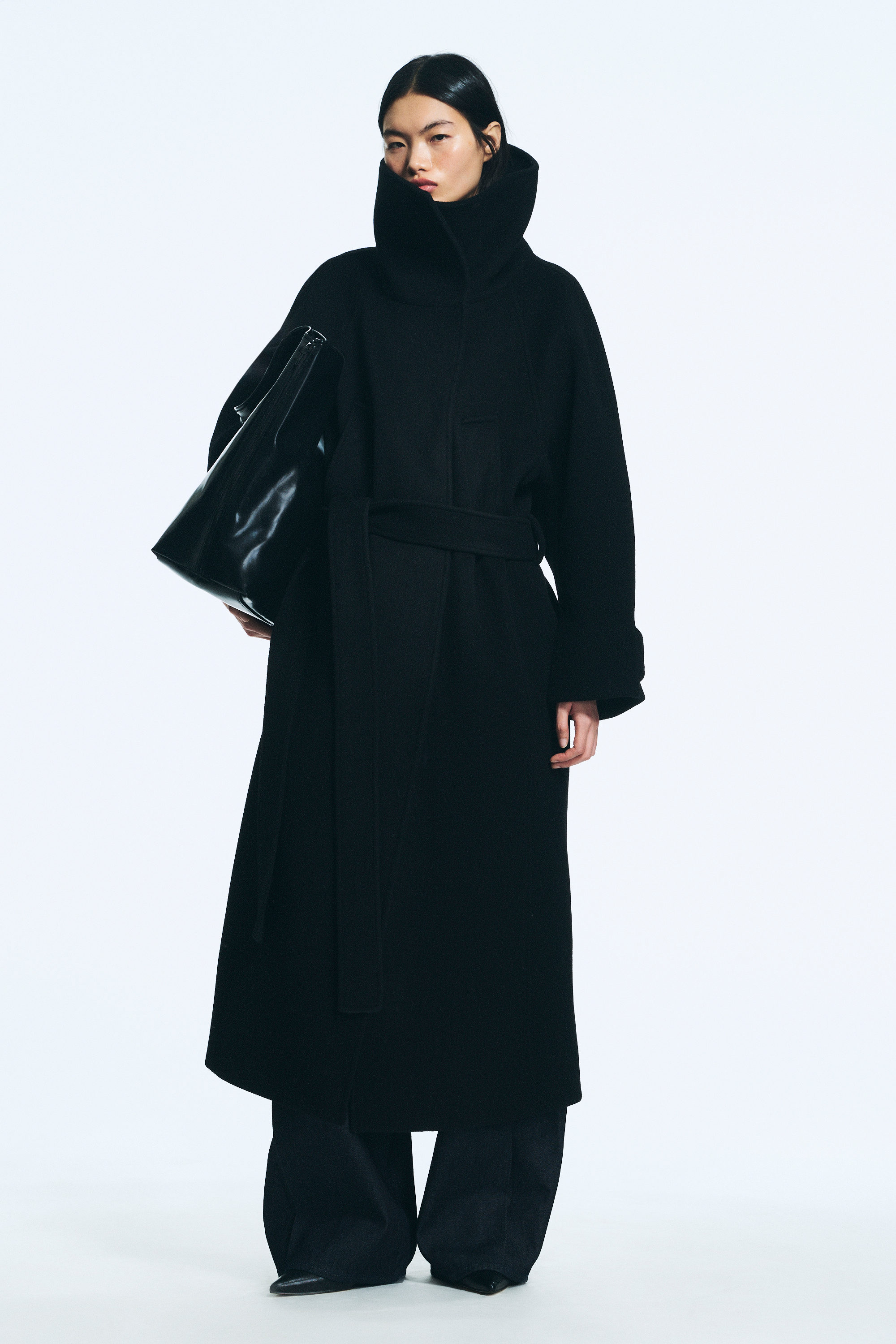 Black - Long Funnel Neck Wool Coat - 2