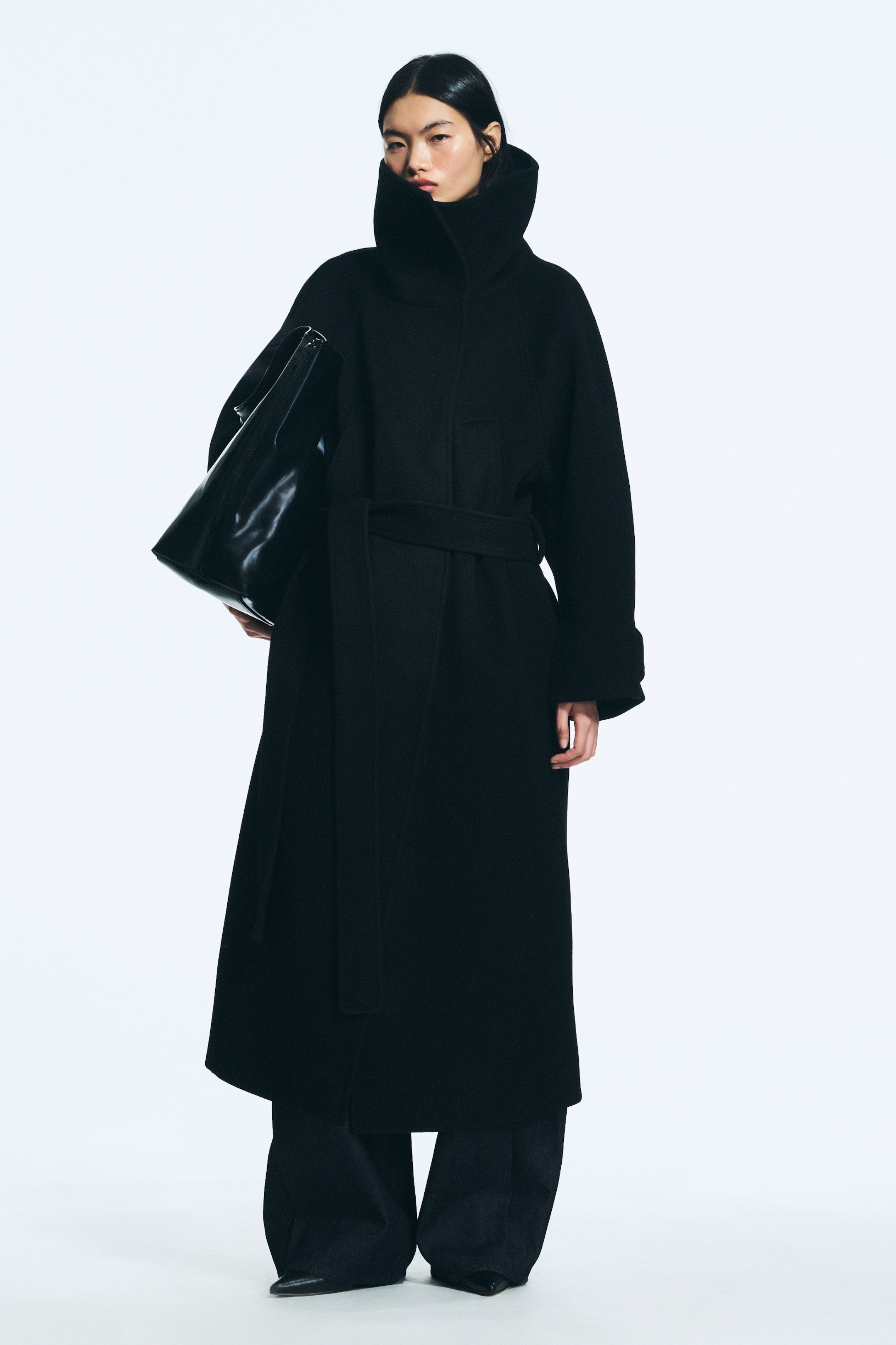 Black - Long Funnel Neck Wool Coat - 2