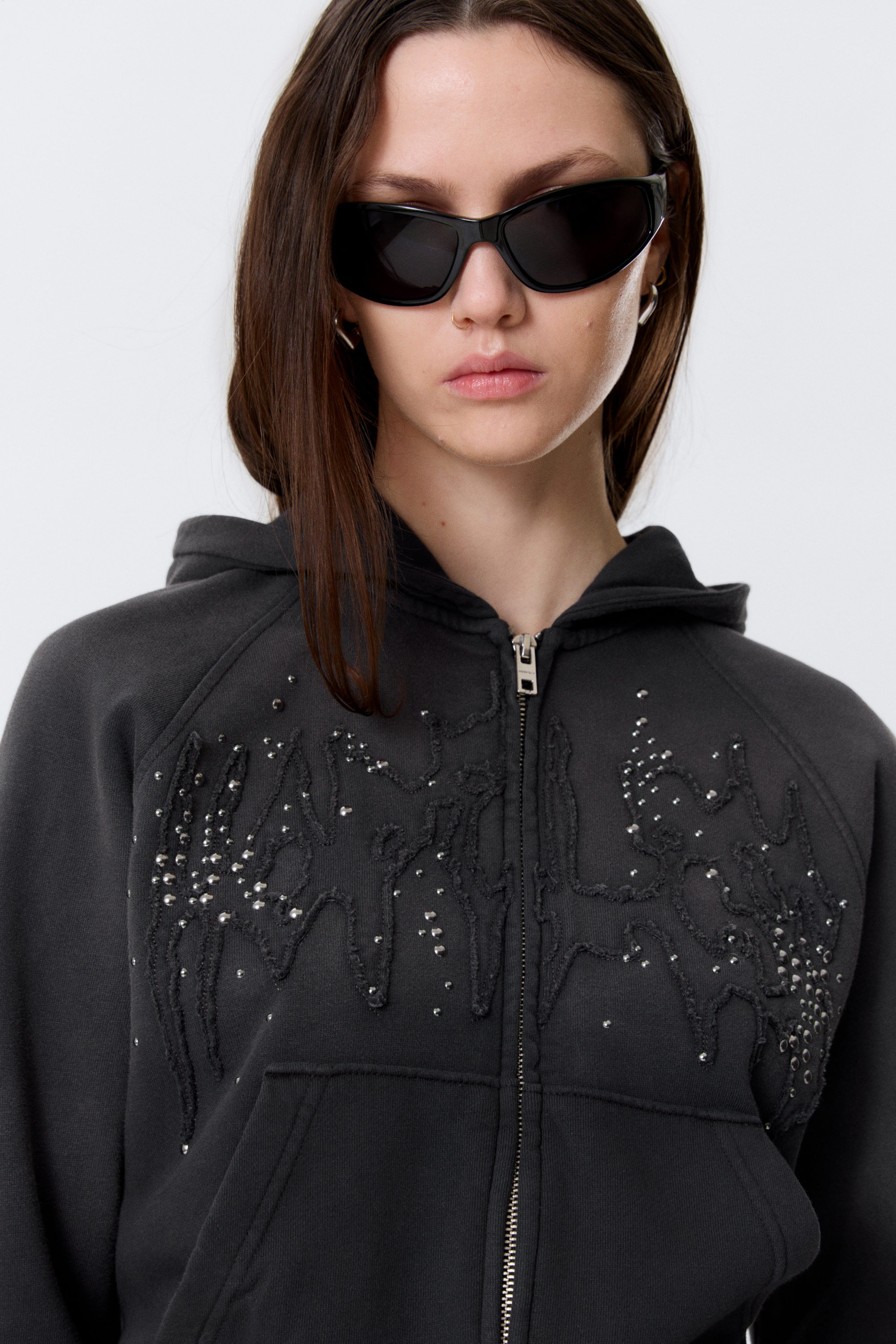 Washed Studded Black - Slim Studded Graphic Zip Hoodie - 2