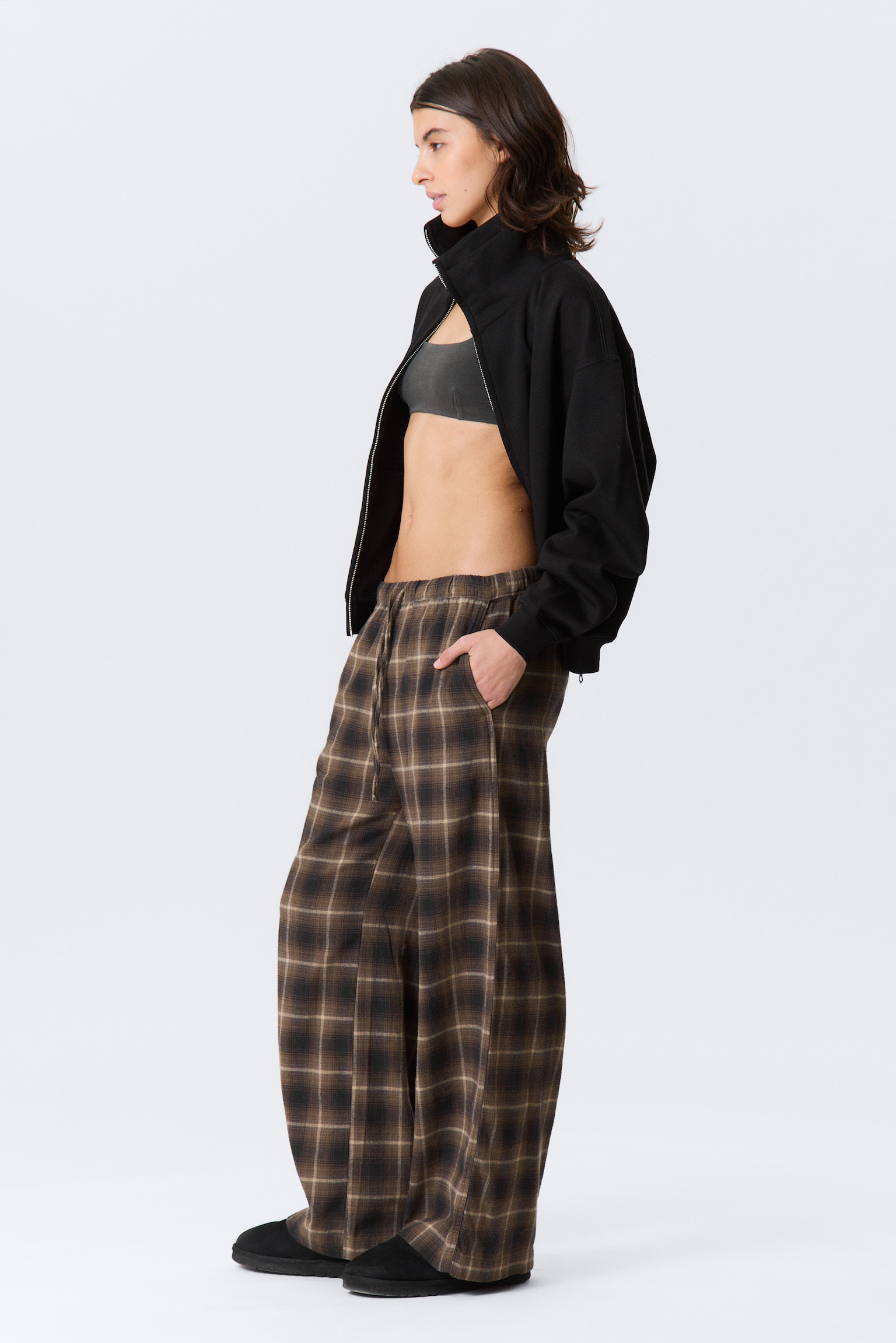 Wide Flannel Pyjama Trousers - Checked Dark Brown/Checked Beige - 3