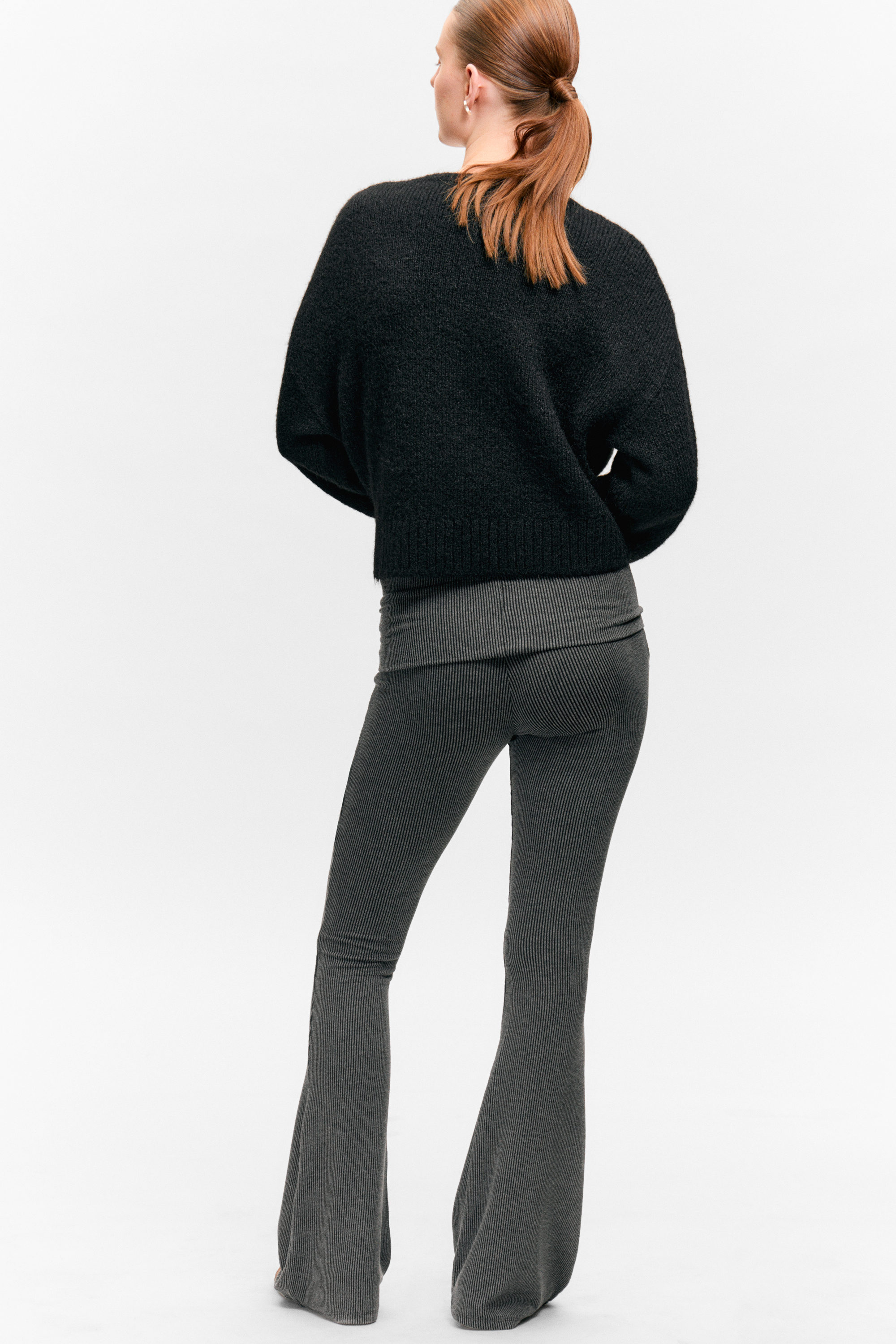 Dark Grey - Low Waist Flared Ribbed Trousers - 4