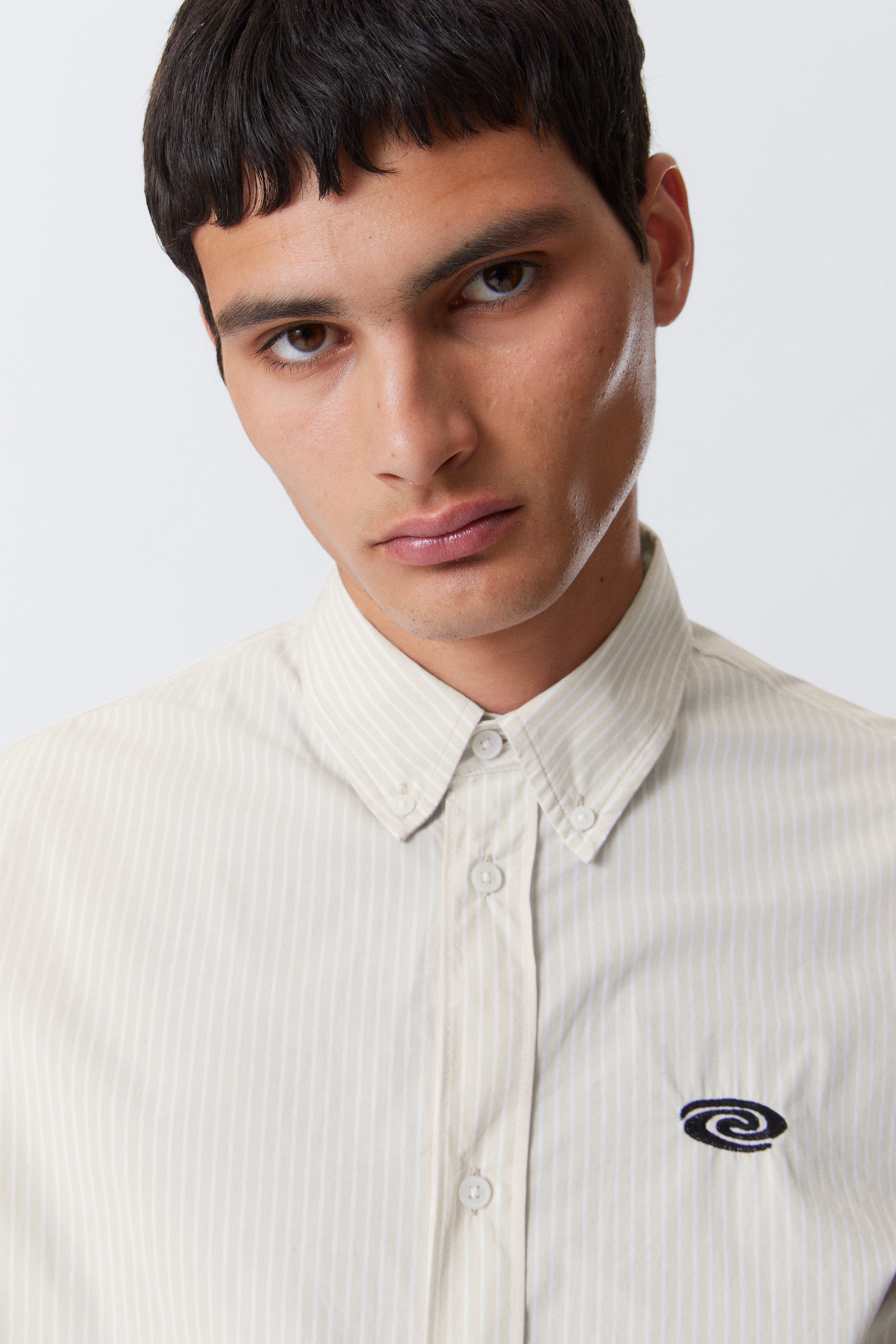Embroidered Striped Beige - Oversized Striped Button-Down Poplin Shirt - 2