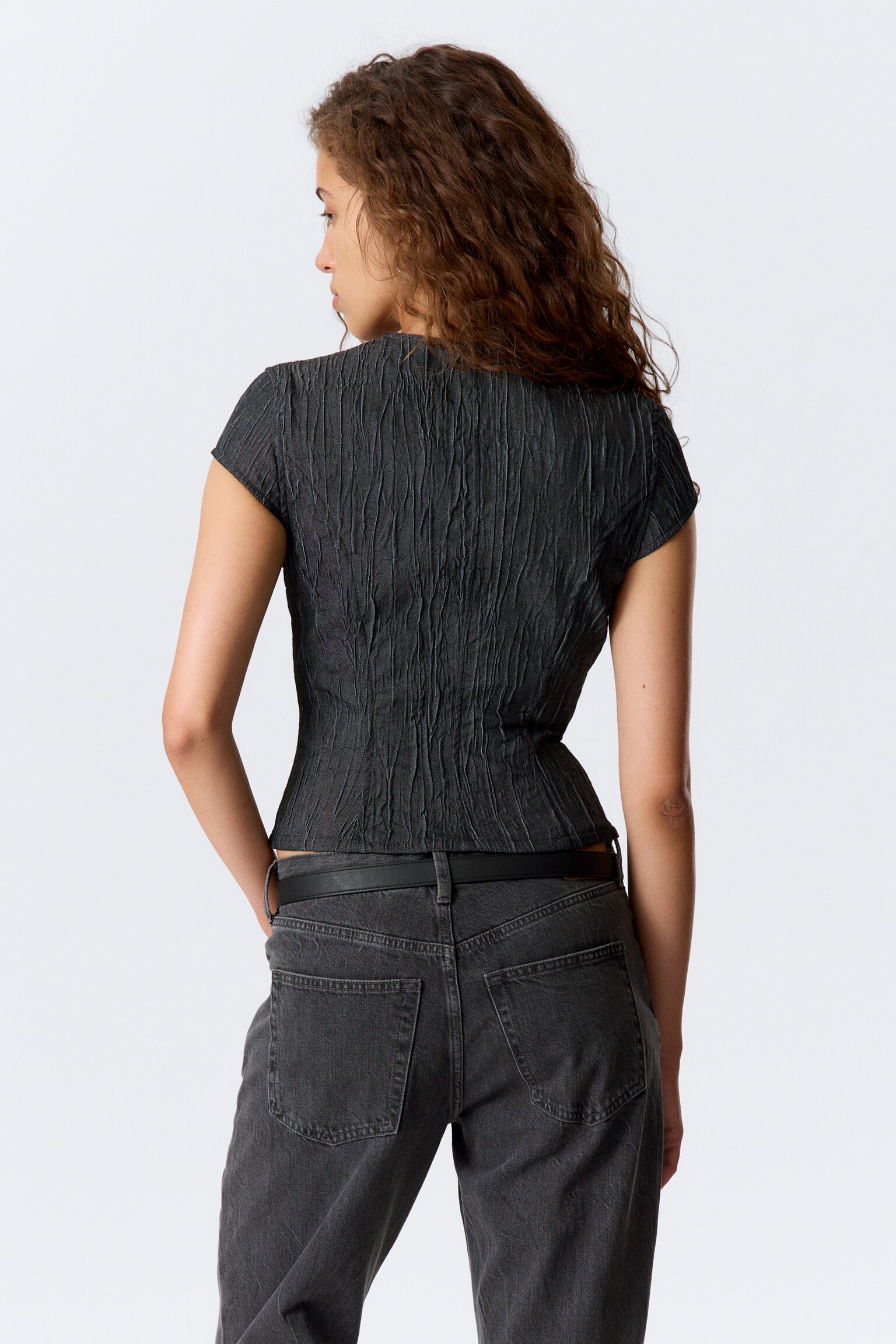 Structured Zip V-Neck Top - Dark Blue - 3
