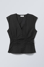 Black - Sleeveless Gathered Poplin Top - 0