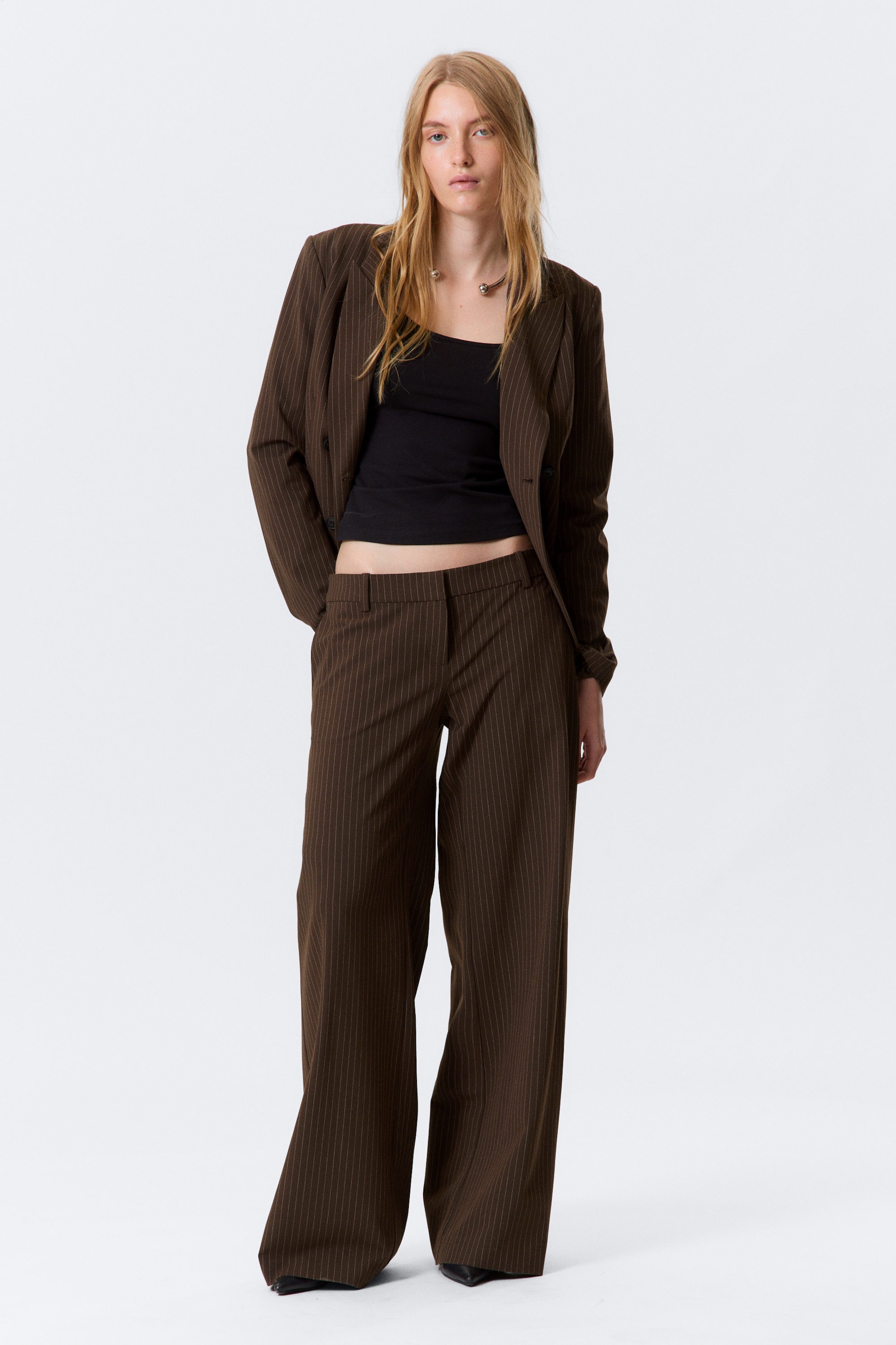 Striped Dark Brown - Low Flared Suit Trousers - 1