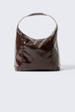 Glossy Brown - Square Faux Leather Shoulder Bag - 0