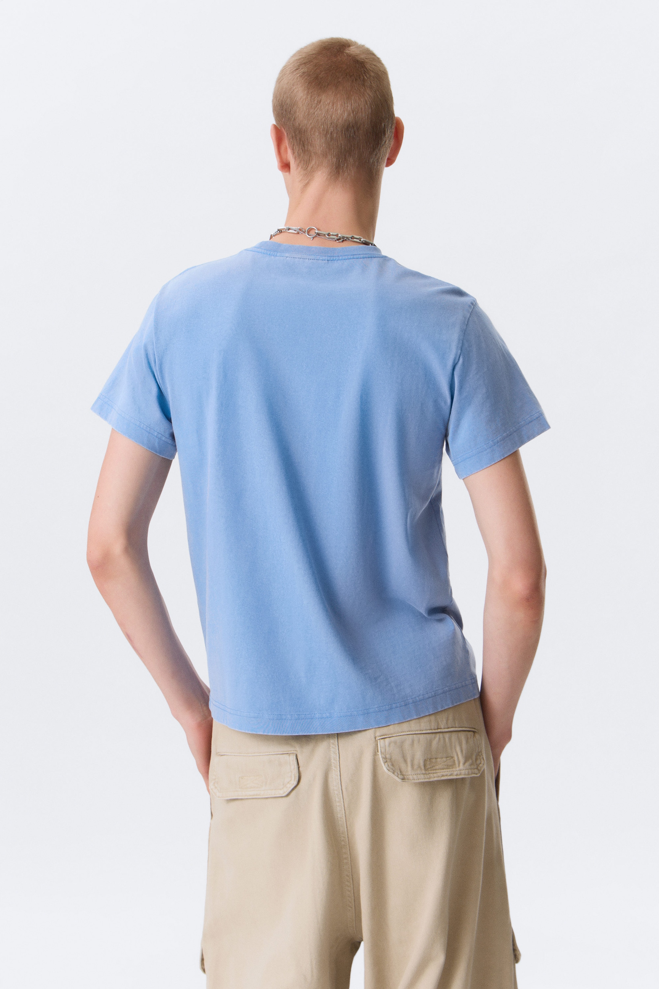 Blue - Shrunken Short-Sleeved Cotton T-shirt - 3