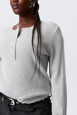 Grey Melange - Waffled Long-Sleeved Henley Top - 2