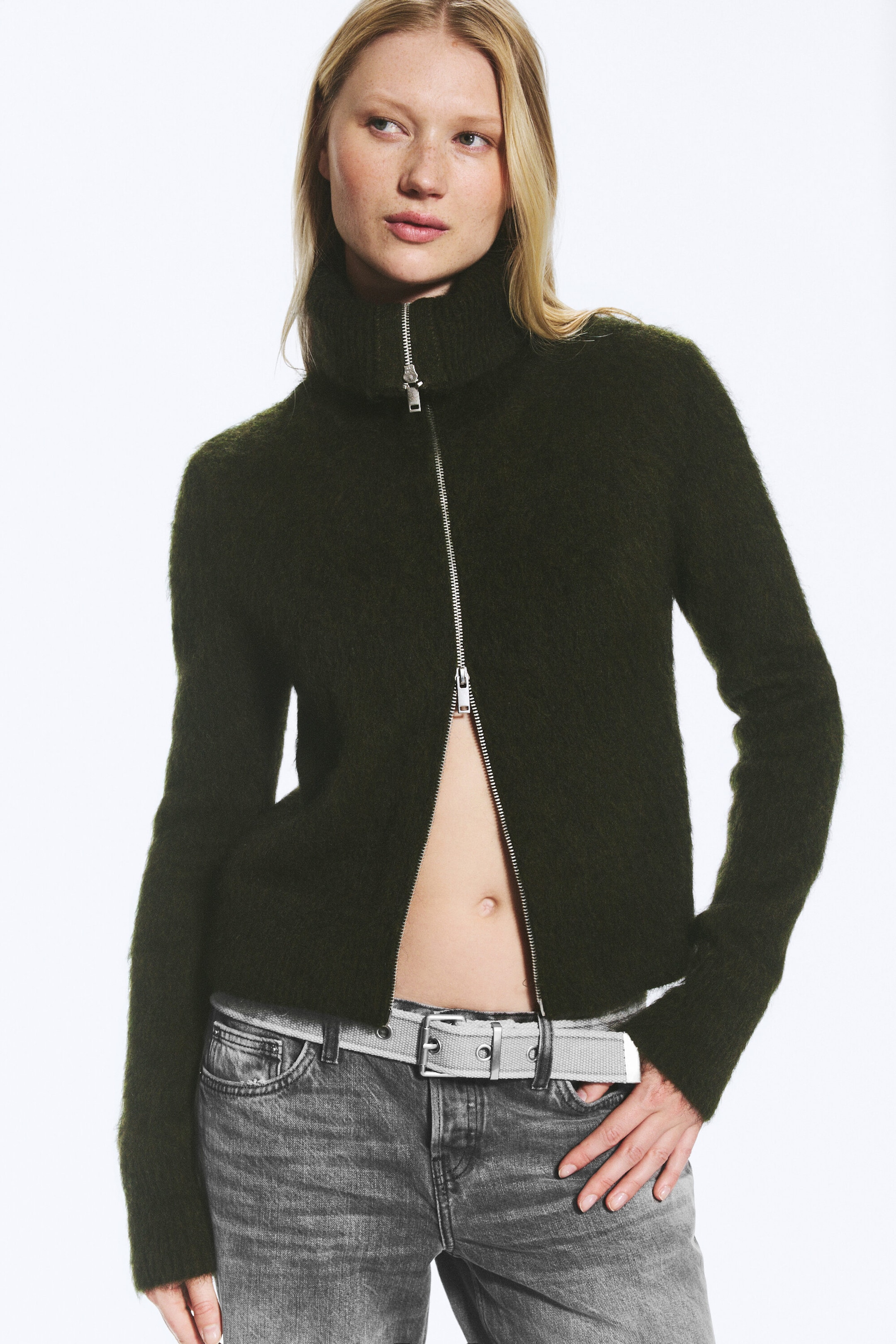 Mørkegrønn - Mohairblanding cardigan med glidelås - 1