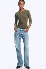 Dark Khaki Green - Fitted Three-Quarter Sleeve Top - 1
