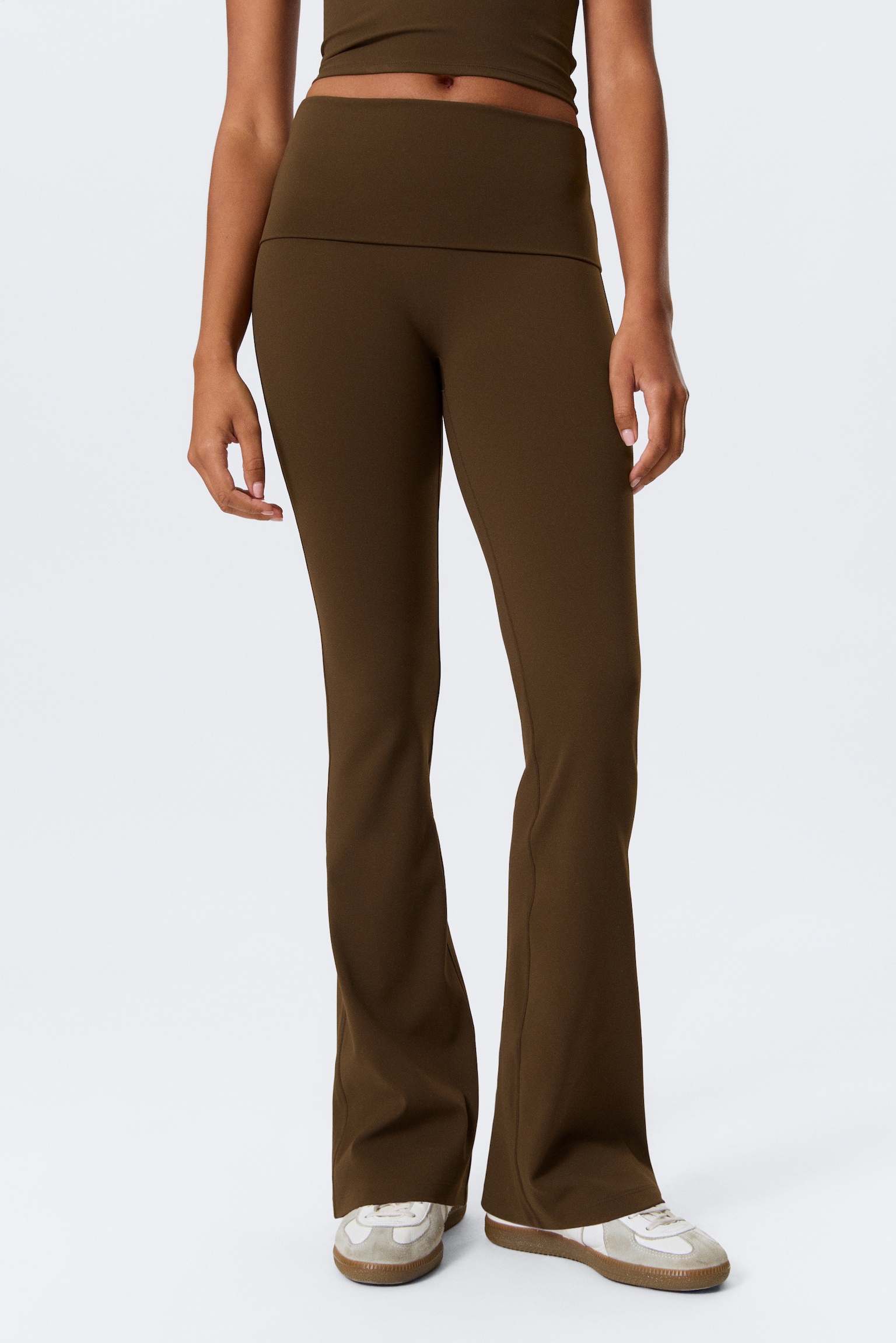 Folded Waist Flared Yoga Tights - Dark Brown/Black/Dark Khaki Green/White - 4