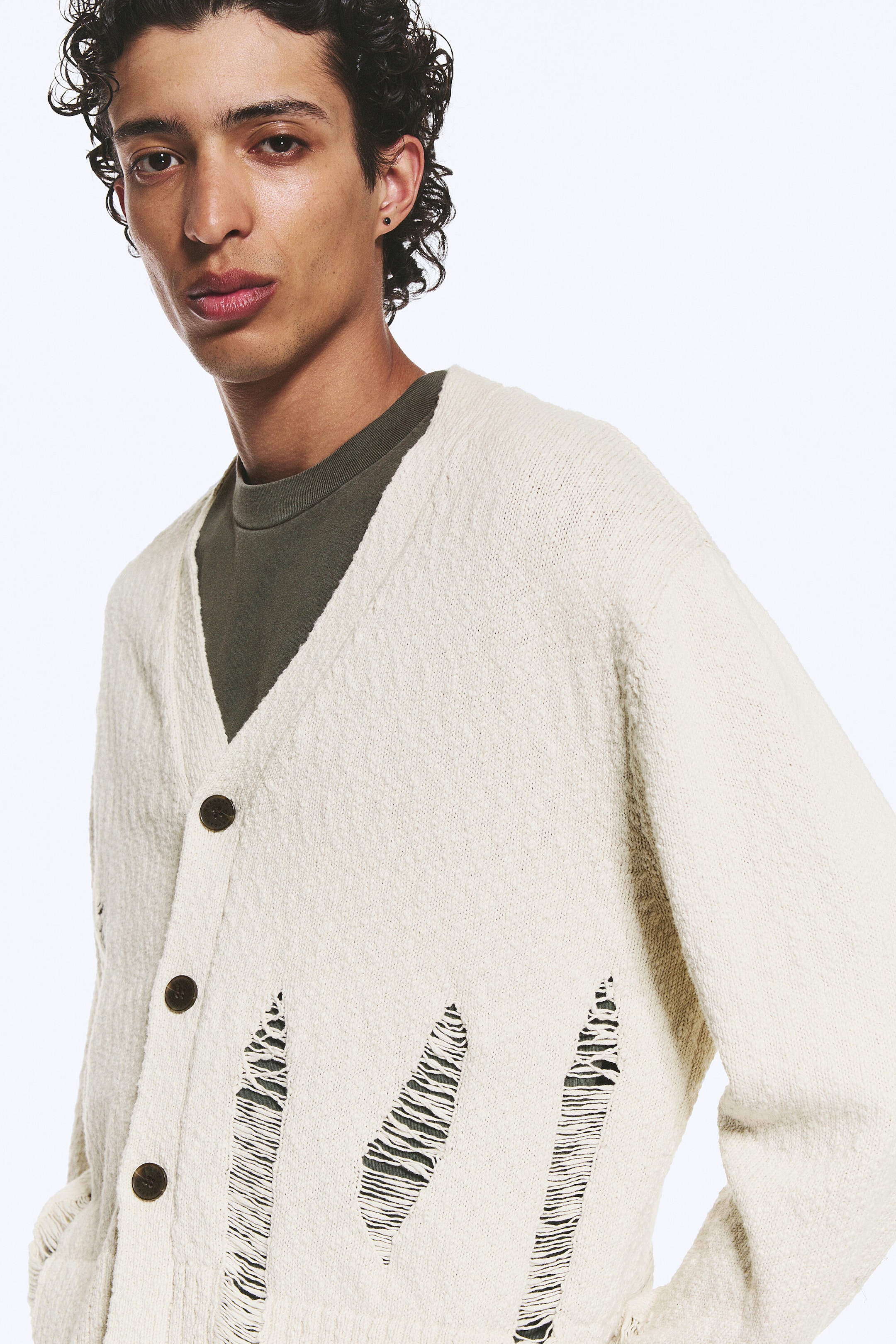 Beige - Boxy Strick-Cardigan im Used-Look - 1