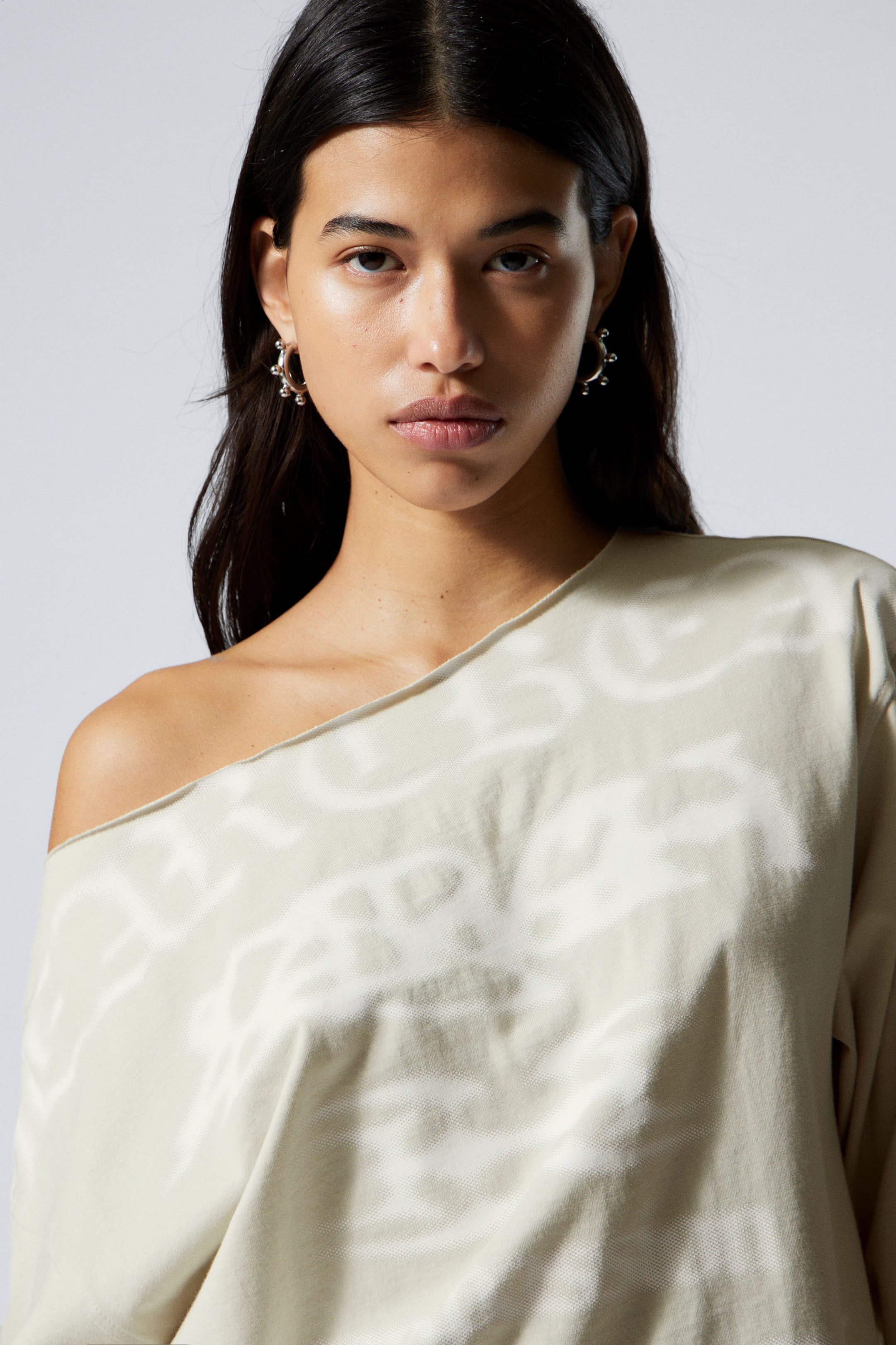 Light Beige - Compassion - Long-Sleeved Boat-Neck Printed Cotton Top - 2