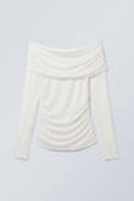 White - Folded Off Shoulder Long Sleeve Top - 0