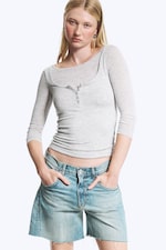 Verwaschenes Hellgrau-Melange - Henley-Shirt mit Dreiviertelärmeln - 0