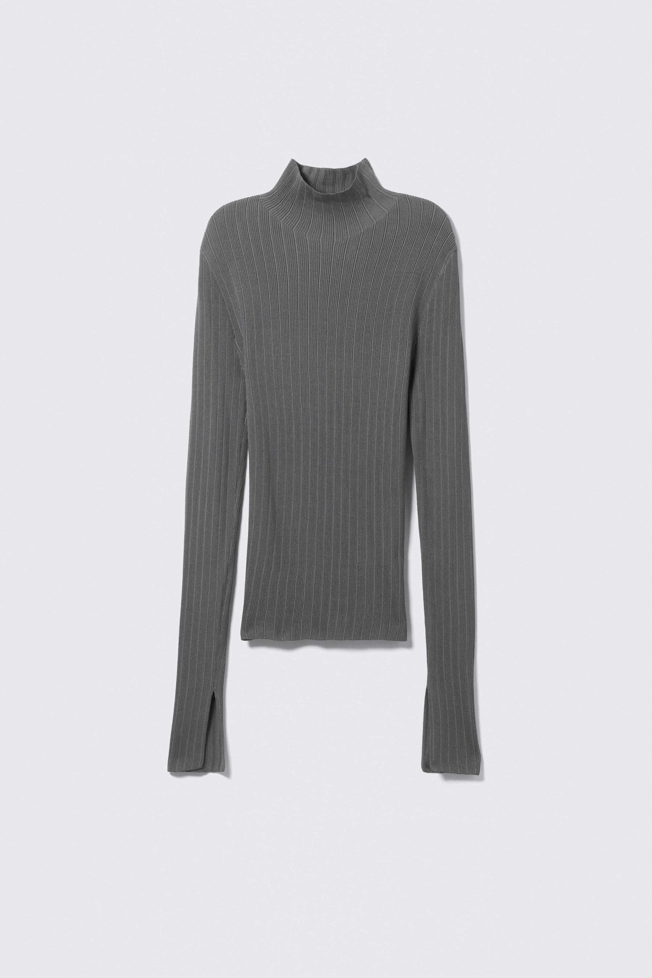 Striped Dark Grey Melange - Ribbed Fitted Turtleneck - 4