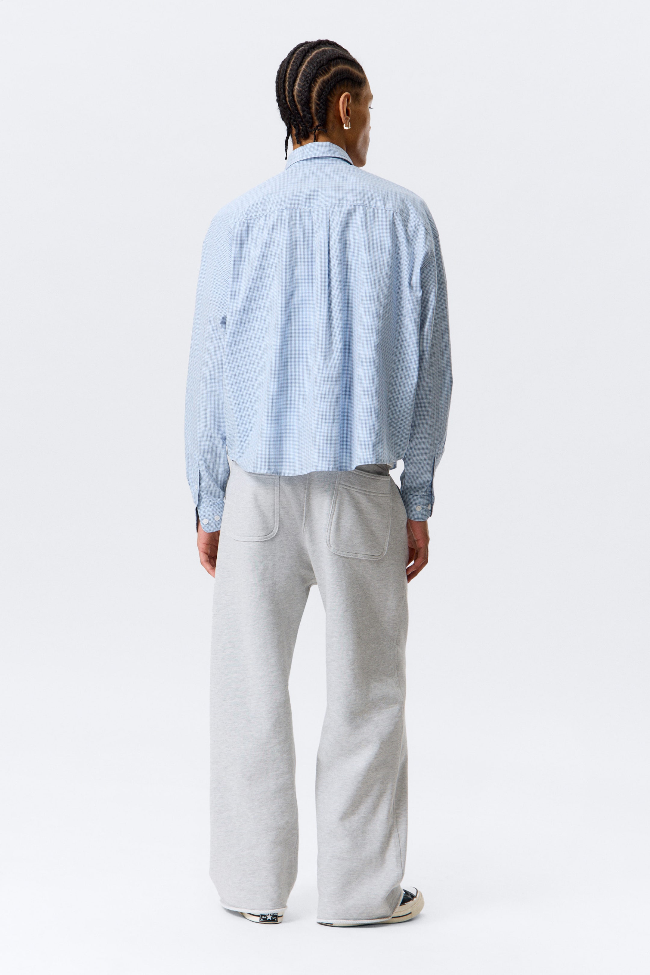 Checked Blue - Boxy Long-Sleeved Cotton Poplin Shirt - 3