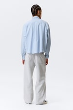 Checked Blue - Boxy Long-Sleeved Cotton Poplin Shirt - 3