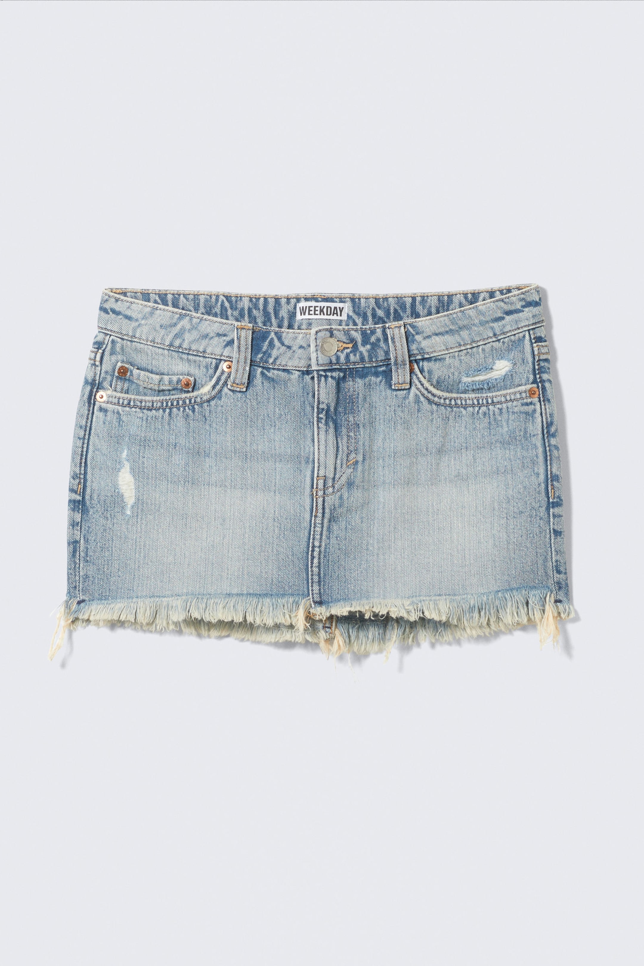 Lip Blue - Light Blue - Centure Low Rise Frayed Denim Mini Skirt - 3