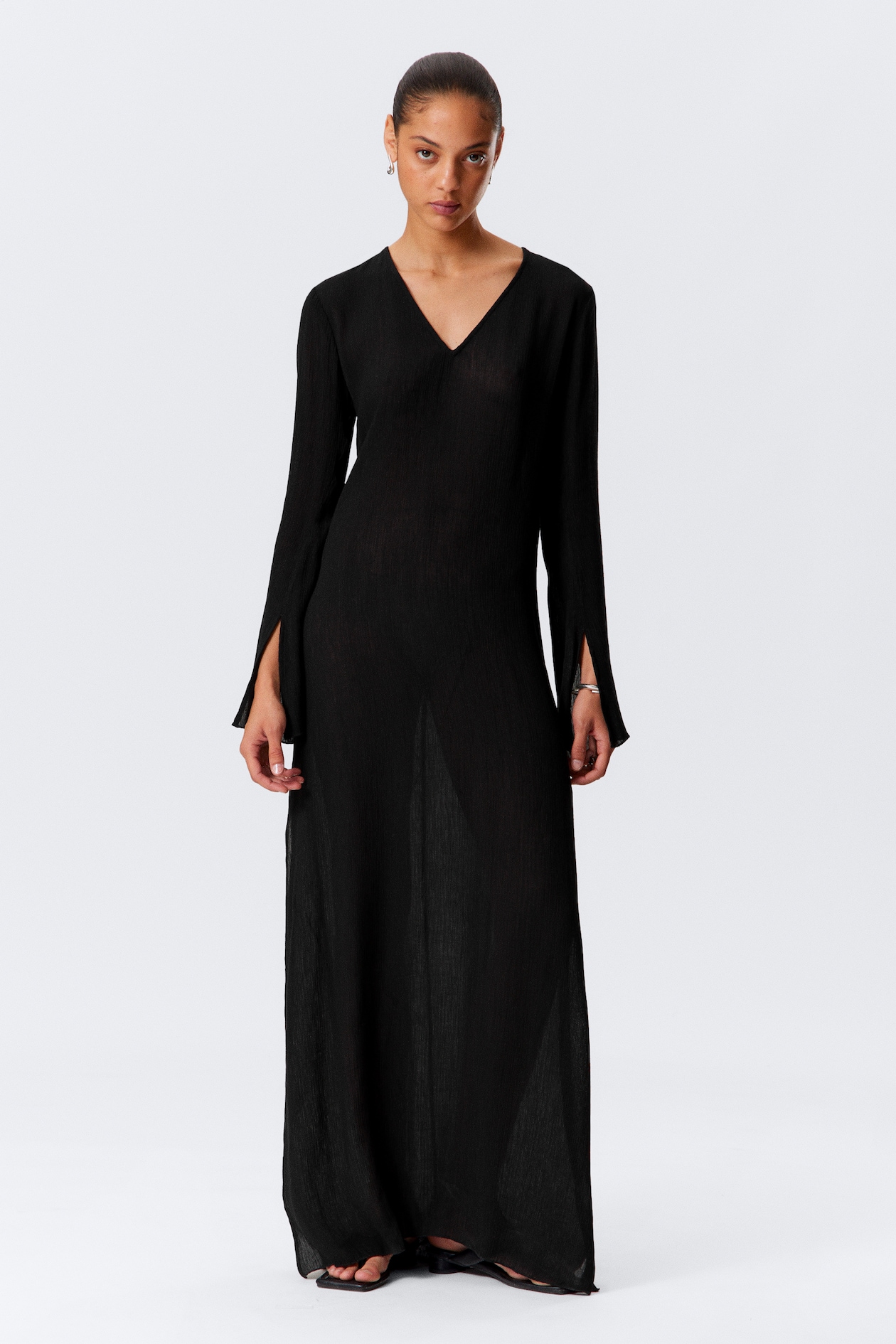 Vestido maxi transparente com decote em V Preto SENHORA