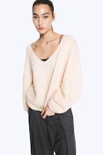 Beige - Oversized Knitted V-Neck Sweater - 0