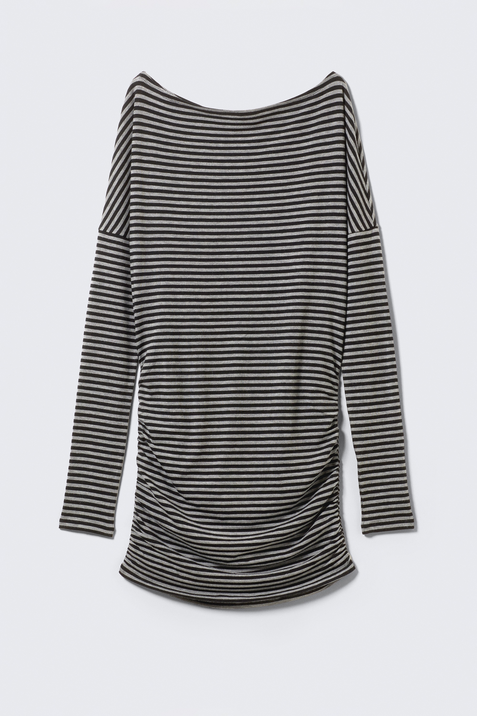 Draped Asymmetric Long-Sleeved Mini Dress - Black & Grey Stripes/Black