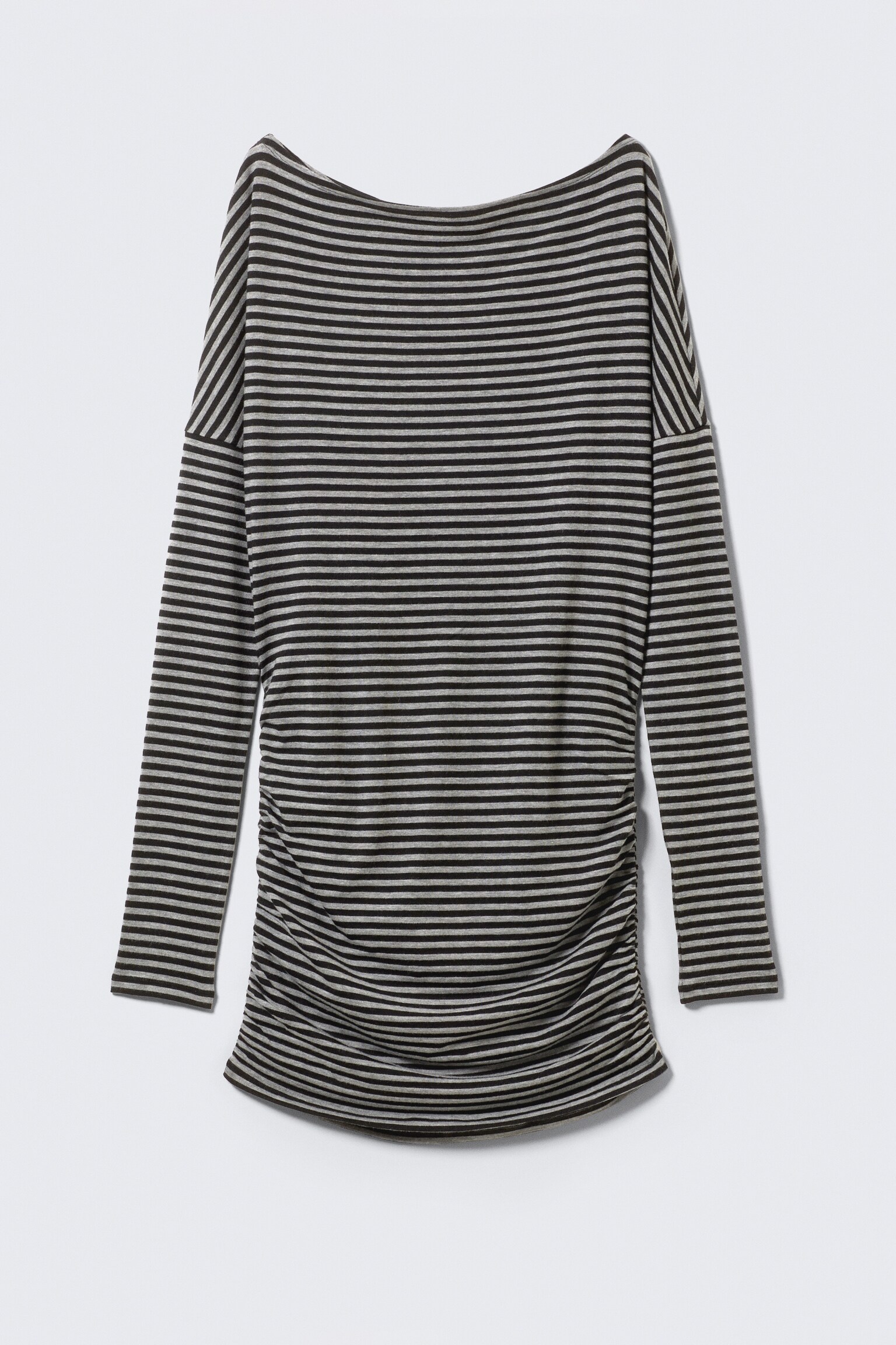 Draped Asymmetric Long-Sleeved Mini Dress - Black & Grey Stripes/Black - 2