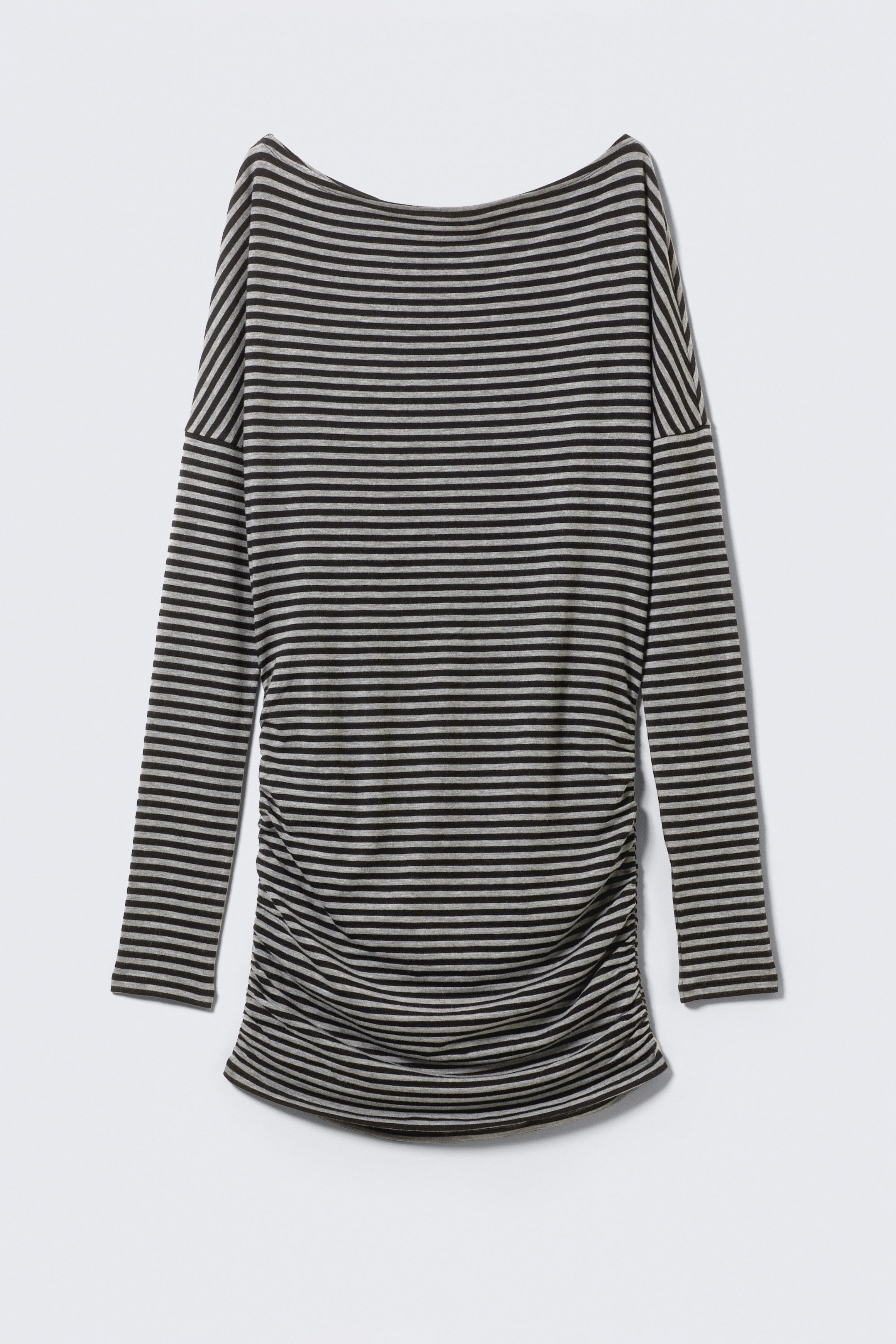 Black & Grey Stripes - Draped Asymmetric Long-Sleeved Mini Dress - 3
