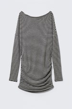 Black & Grey Stripes - Draped Asymmetric Long-Sleeved Mini Dress - 3