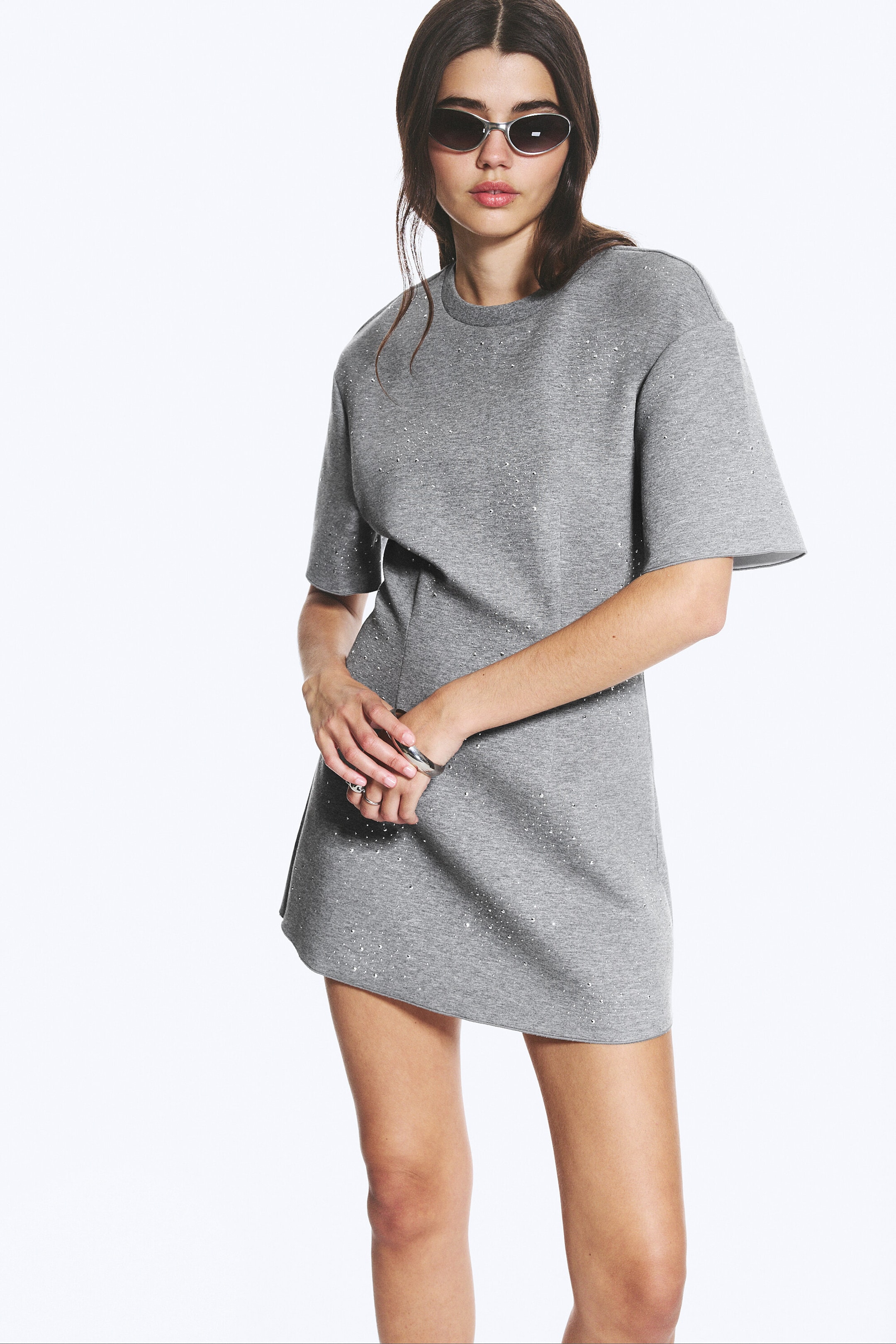 Grey Melange - Studs - Mini T-shirtjurk van scuba met studs - 2