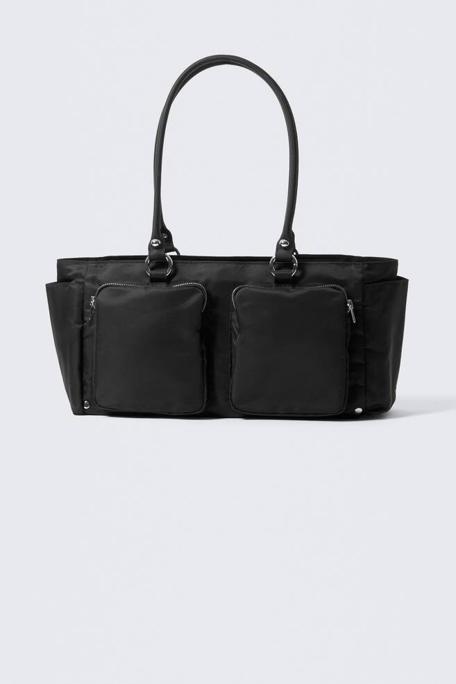 Bolso de hombro mediano con bolsillos - Negro/Verde caqui oscuro - 1