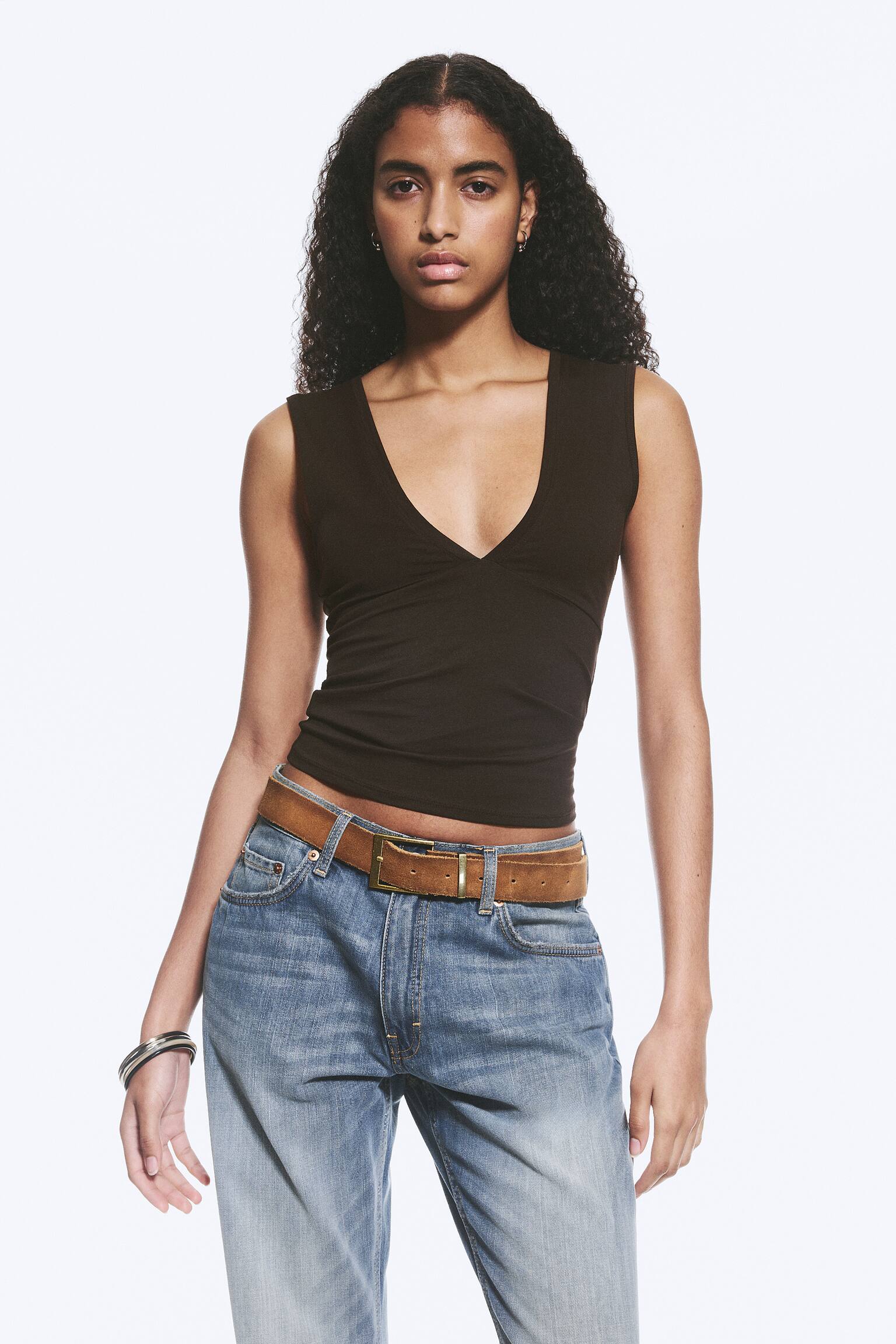 Fitted V-Neck Sleeveless Top - Dark Brown/Black/Light Grey Melange - 1