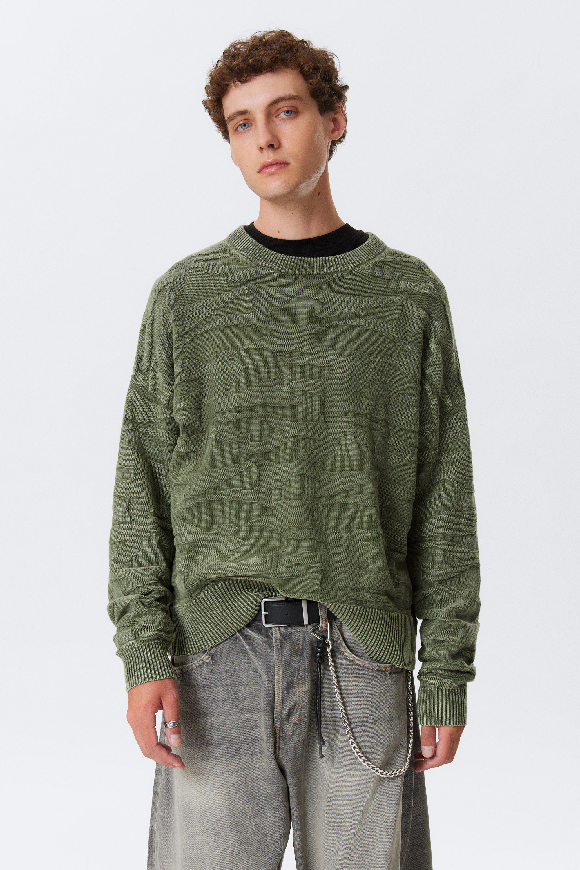 Structured Dark Green - Oversized gebreide katoenen trui met grafische print - 1