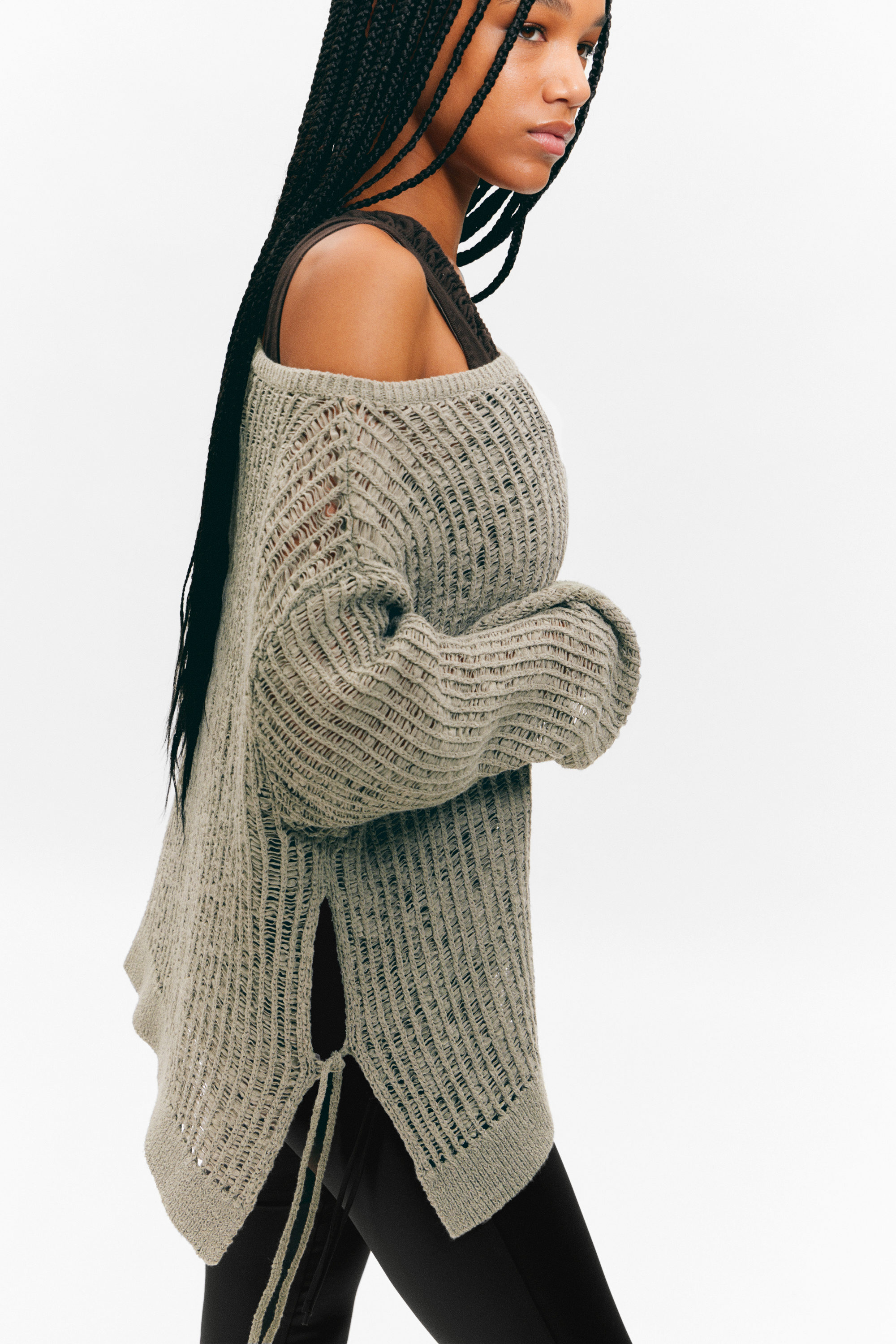 Khaki Green - Loose Open-Knit Side Slit Sweater - 2