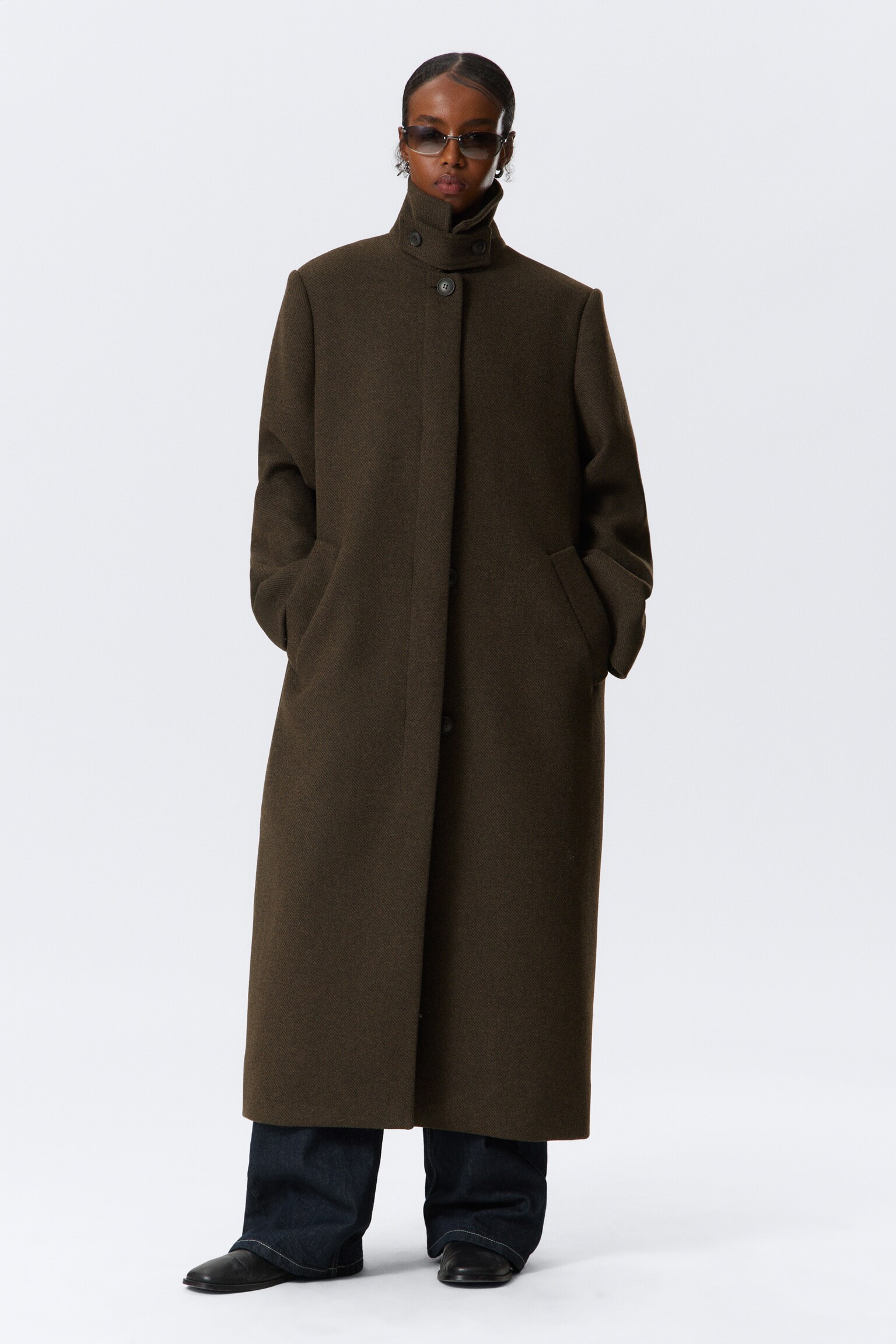 Manteau long oversize en laine mélangée - Marron foncé/Noir - 3