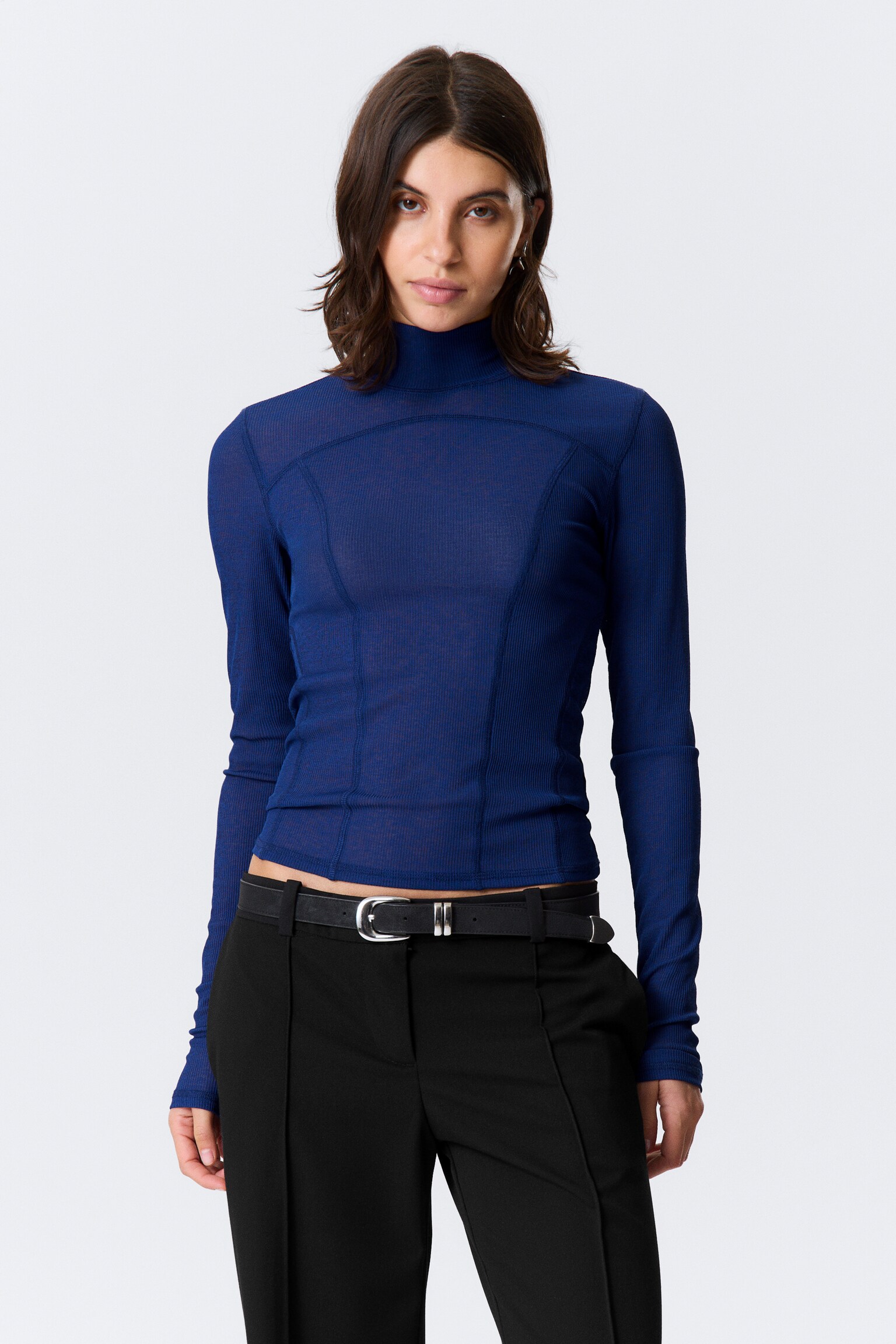 Long-Sleeved Mesh Mock-Neck Top - Bright Blue/Black - 1