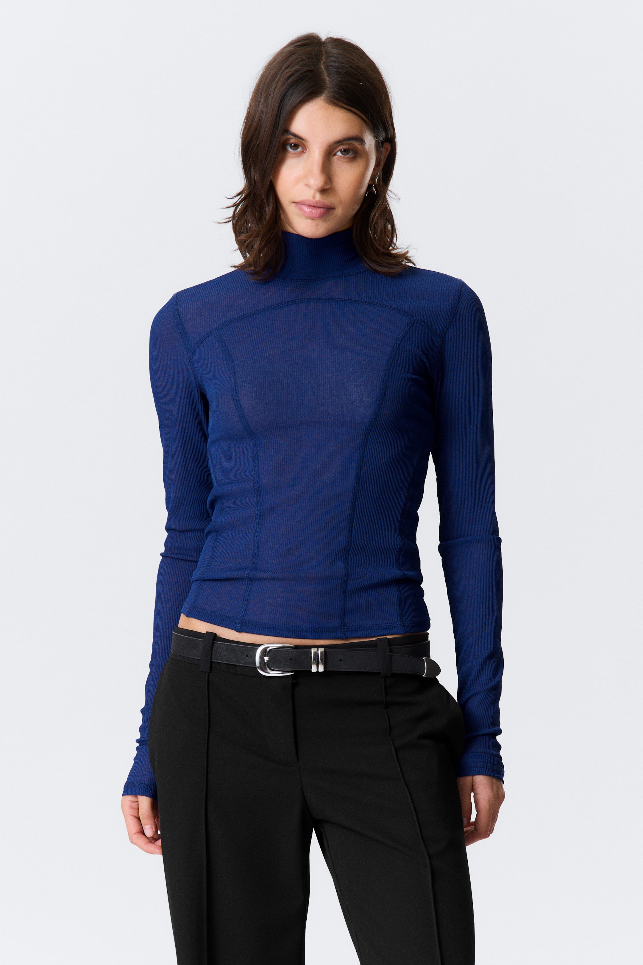 Bright Blue - Long-Sleeved Mesh Mock-Neck Top - 1