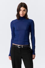 Bright Blue - Long-Sleeved Mesh Mock-Neck Top - 0