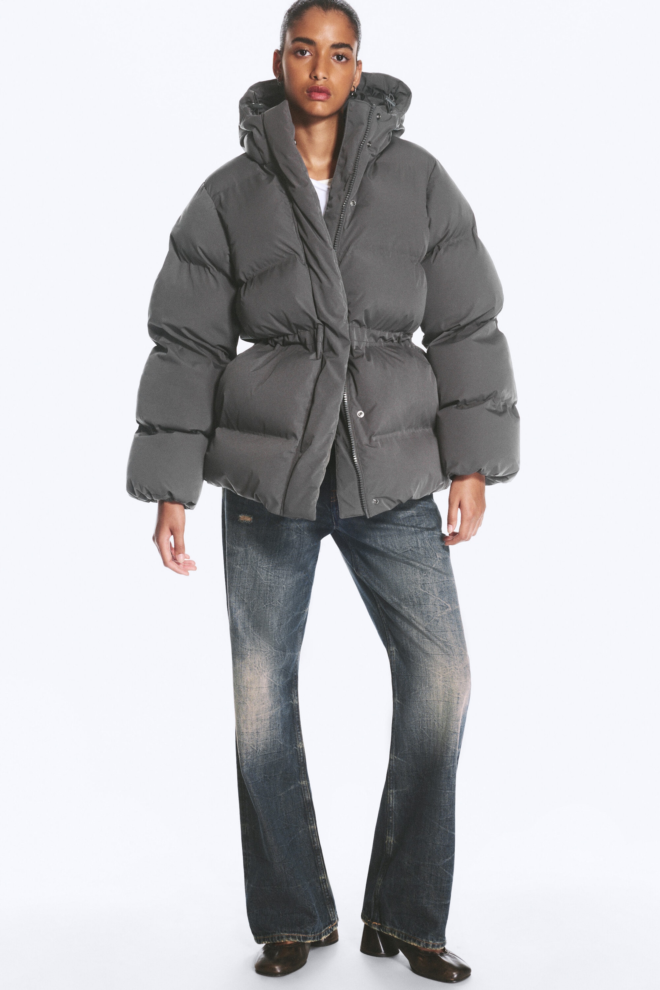 Dark Grey - Waisted puffer jacket - 2