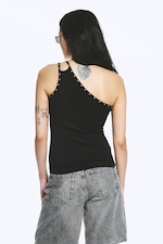 Black - Eyelet Detail Asymmetric Tank Top - 3