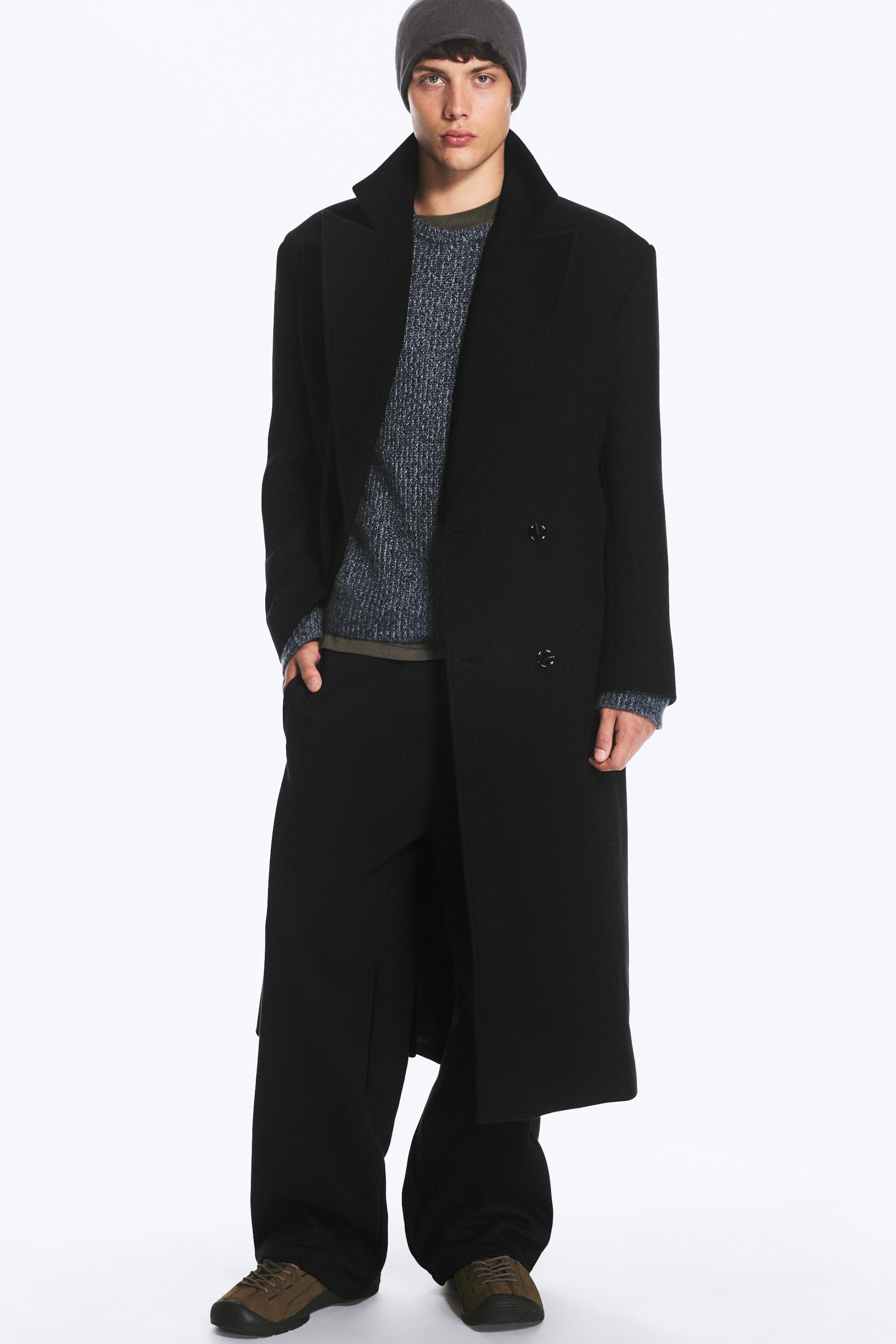 Schwarz - Zweireihiger Oversize-Mantel aus Wollmischung - 2
