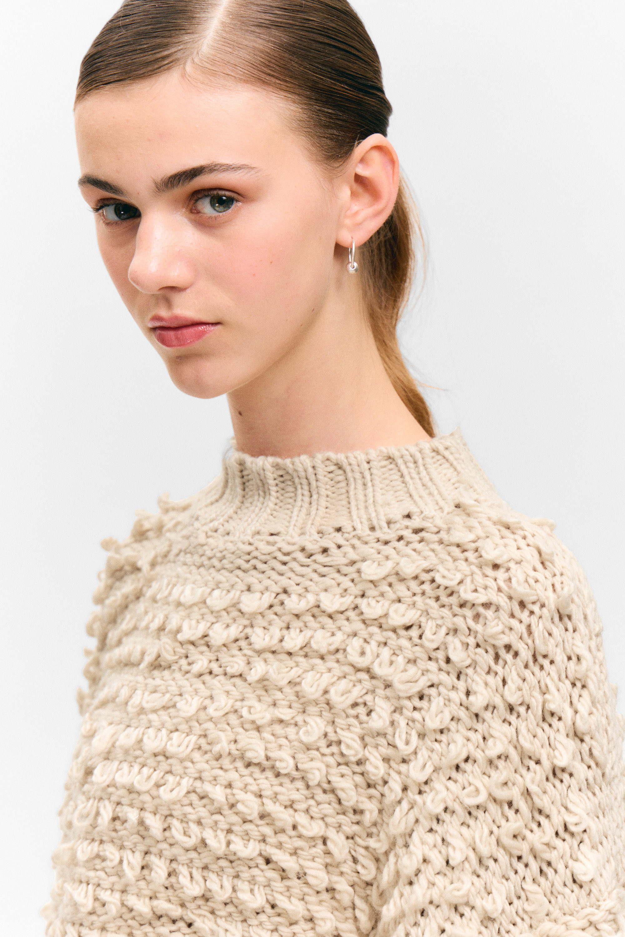 Beige - Textured Loop Knit Sweater - 2