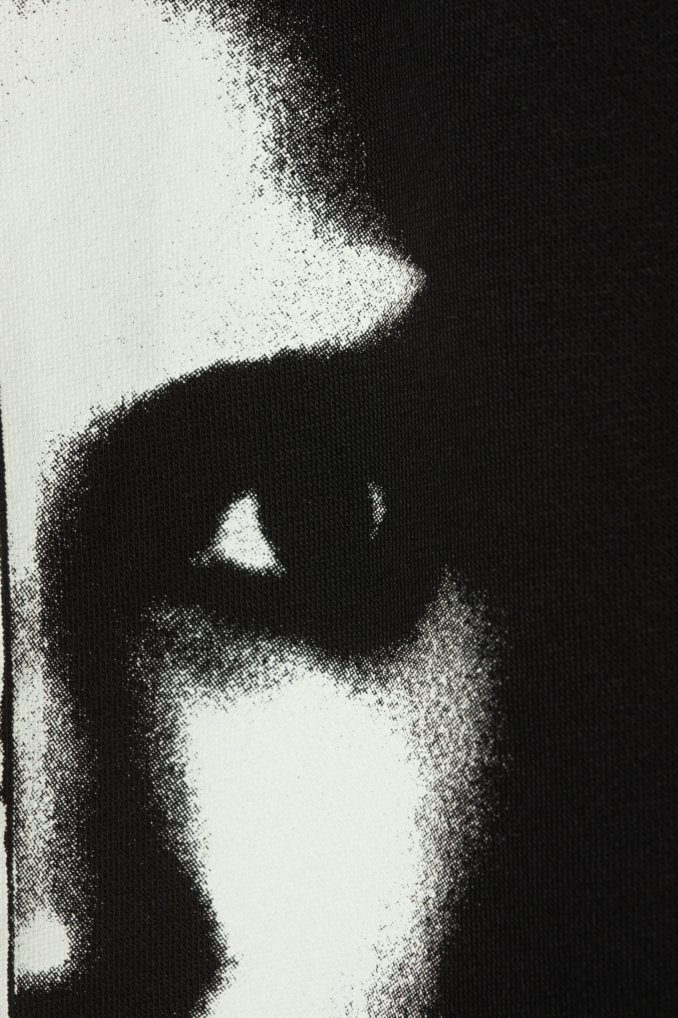 Agrandir l'image: Un portrait monochrome imprimé sur un sweat-shirt représente un gros plan à fort contraste d'un œil et de traits du visage, rendu avec un effet granuleux et usé.
