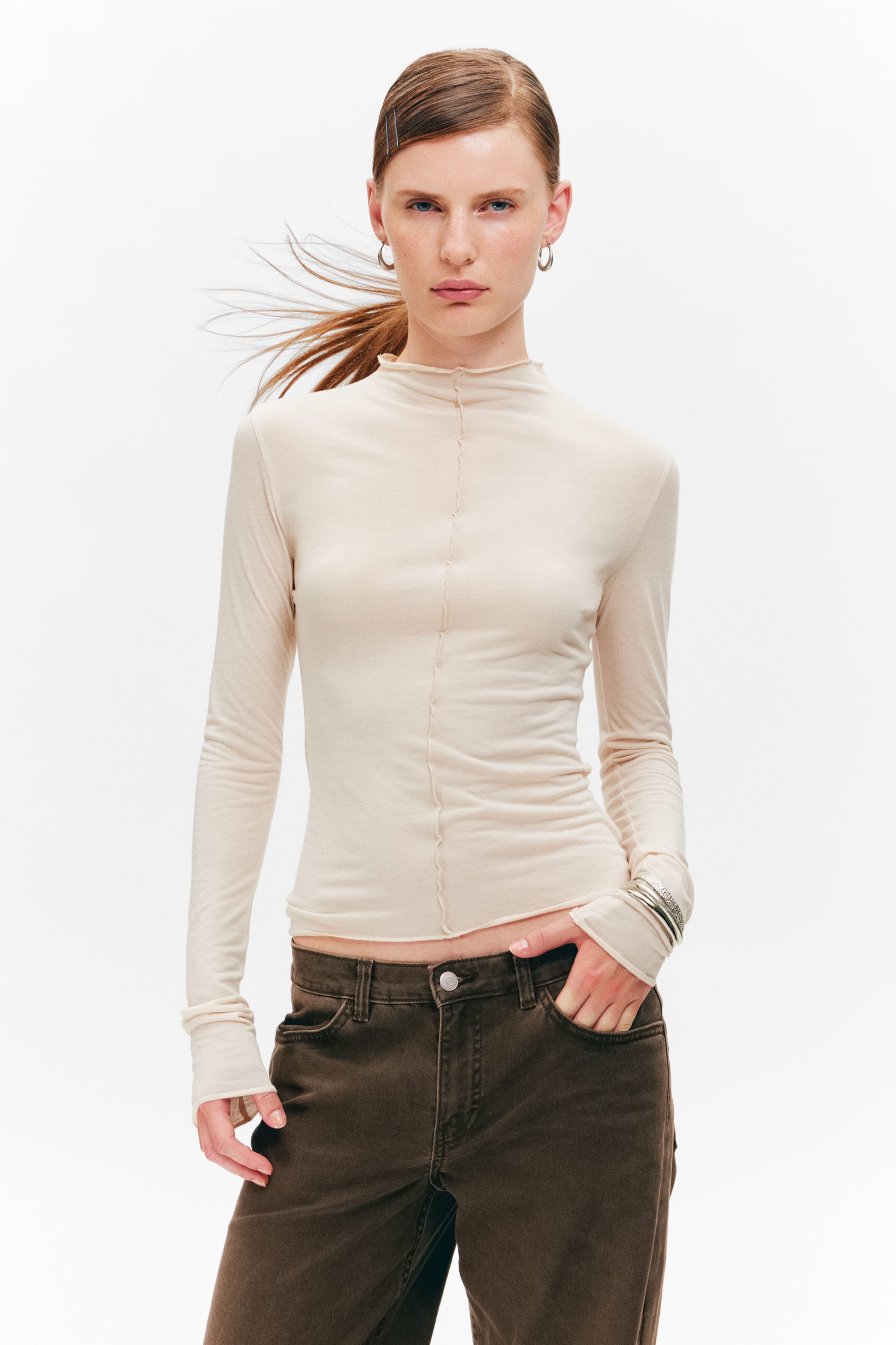 Beige - Slim Fit Long-Sleeved Mock-Neck Top - 1