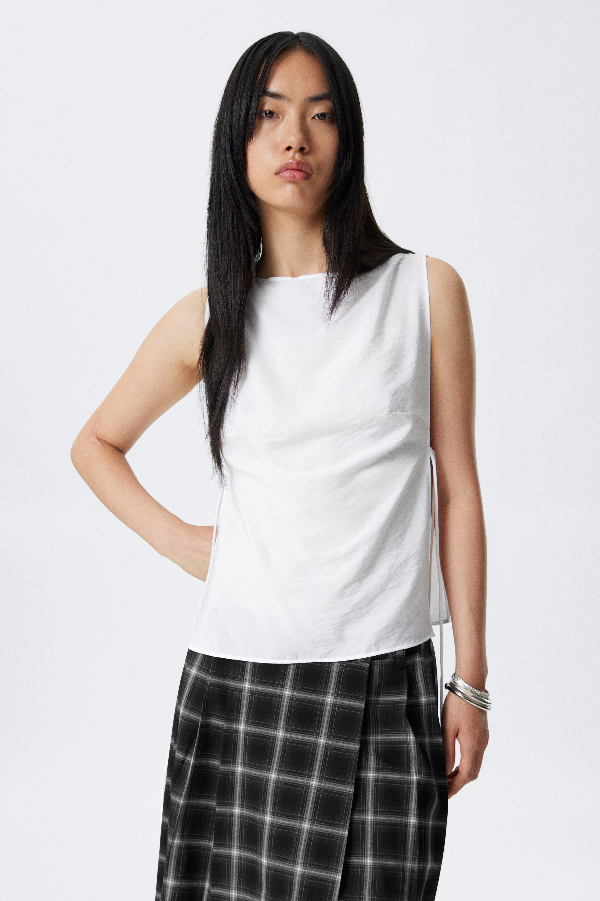 White - Sleeveless Boat-Neck Tie Top - 1