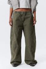 Washed Dark Khaki Green - Low Rise Baggy Washed Canvas Trousers - 1